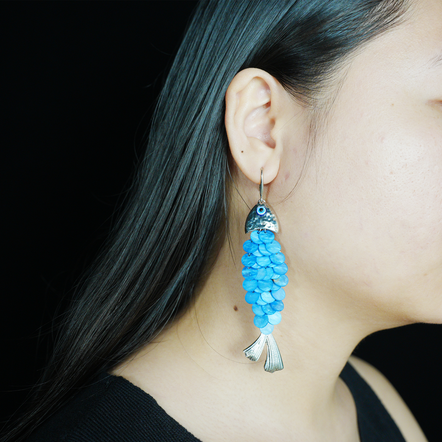 Blue Fish Scale Long Dangle Earrings Ocean Style Statement Jewelry for Summer