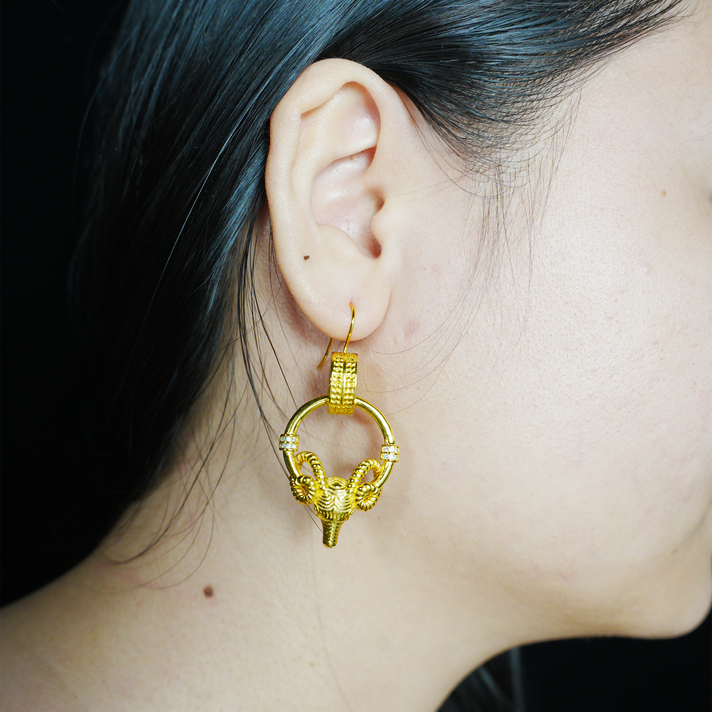Ram Warrior Earrings Vintage Hoop with Crystal Gothic Statement Studs