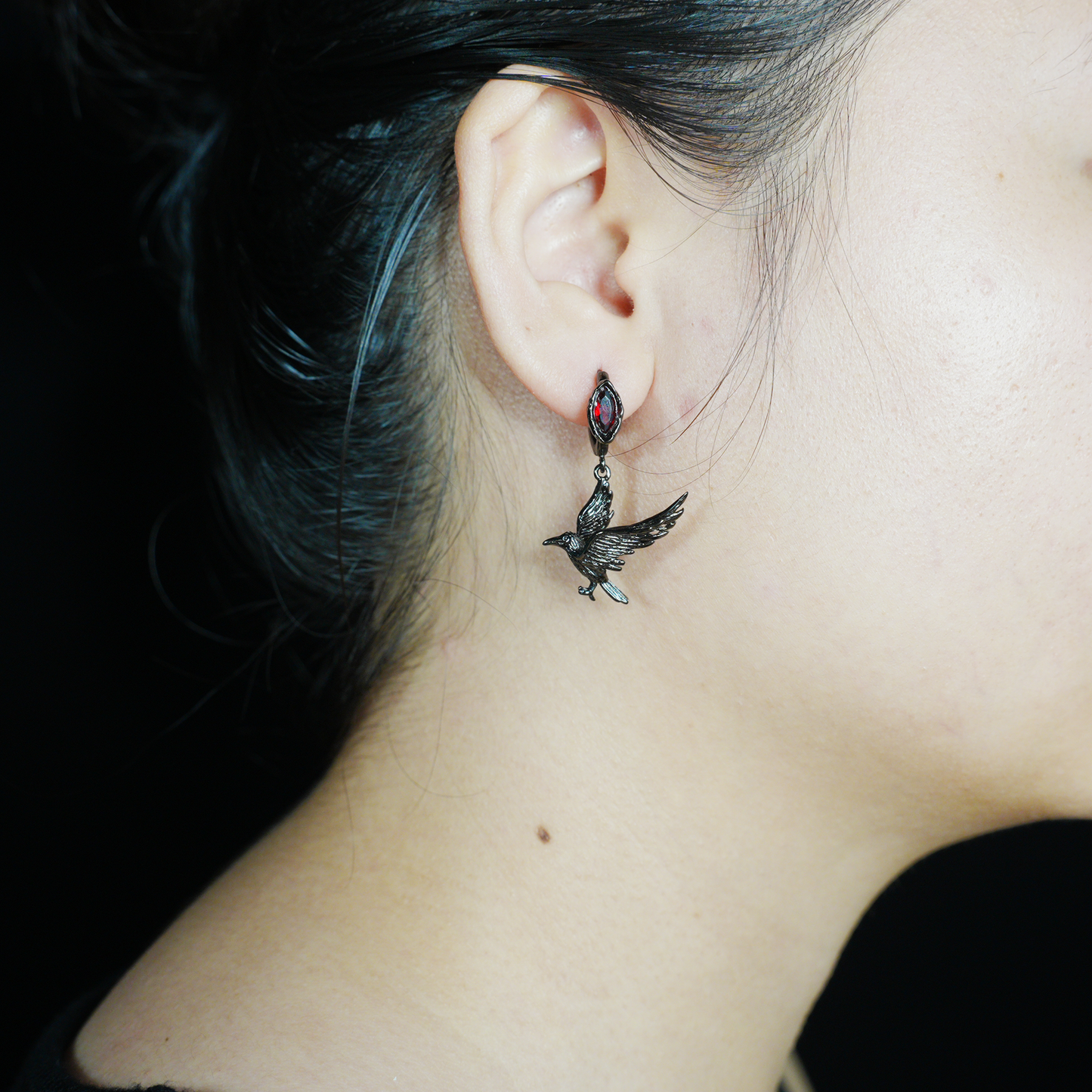 Gothic Raven Earrings with Crimson Gem, Norse Mythology Bird Jewelry, Witchy Pagan Gift