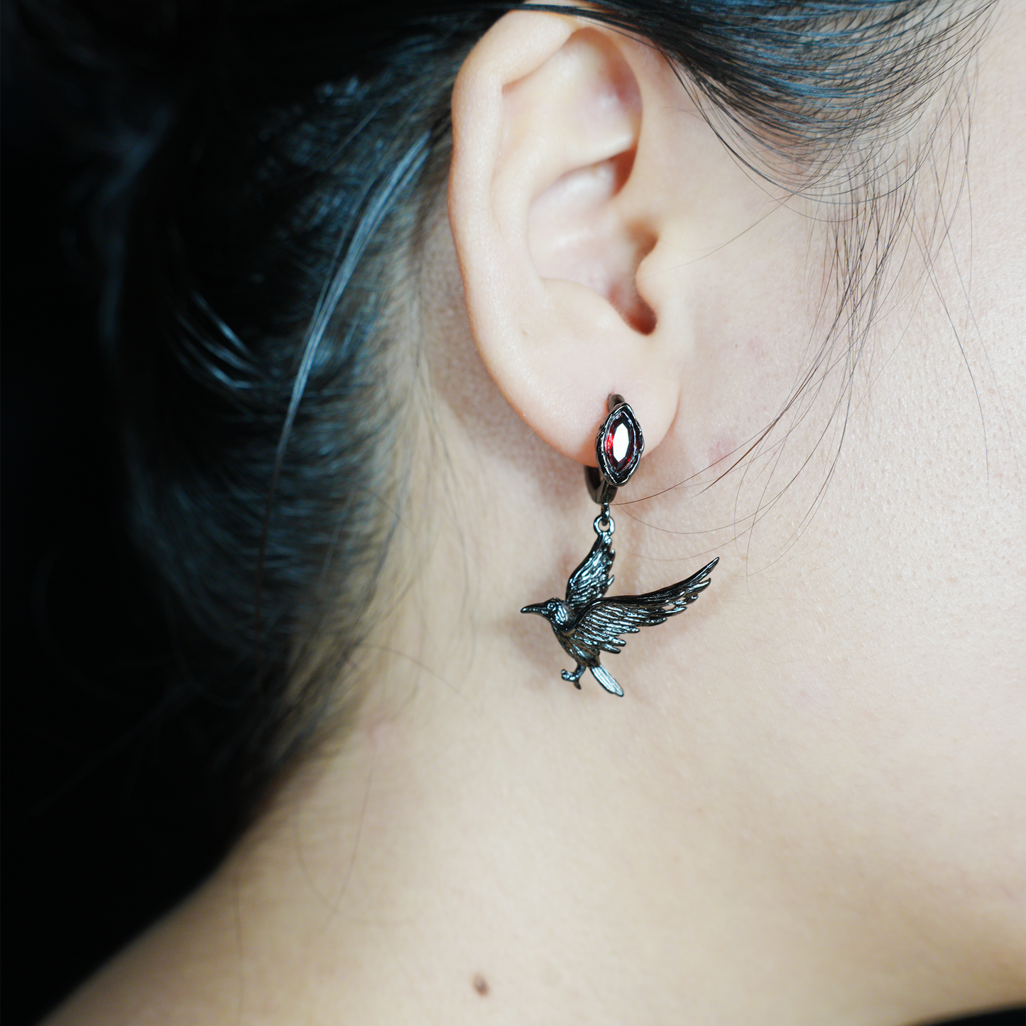 Gothic Raven Earrings with Crimson Gem, Norse Mythology Bird Jewelry, Witchy Pagan Gift