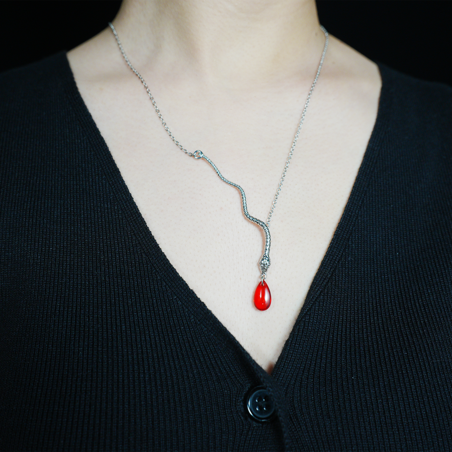 Snake Necklace with Red Teardrop Pendant Gothic Talisman Jewelry