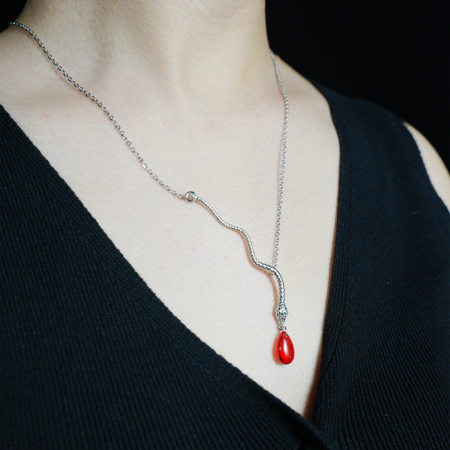 Snake Necklace with Red Teardrop Pendant Gothic Talisman Jewelry