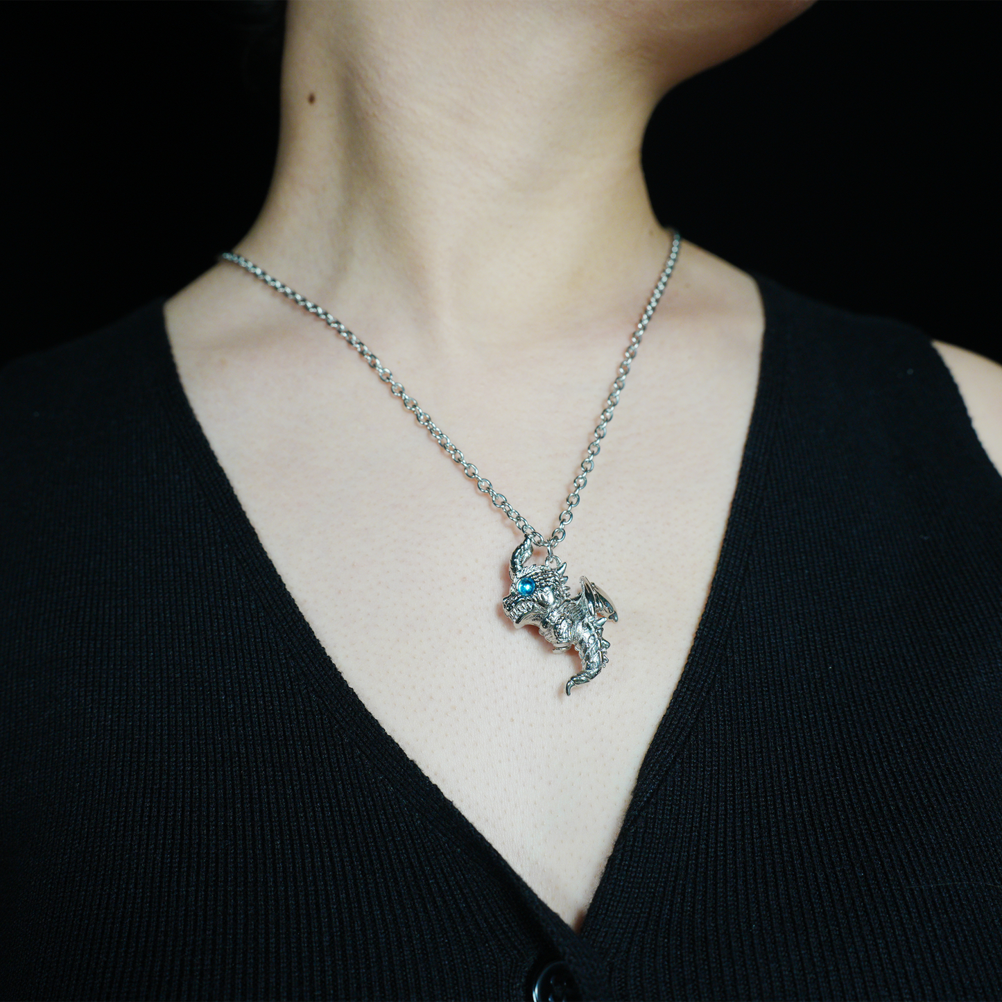 Blauäugiger Drache-Anhänger-Halskette, Gothic-Fantasie, Vintage-Legierung, Schmuck