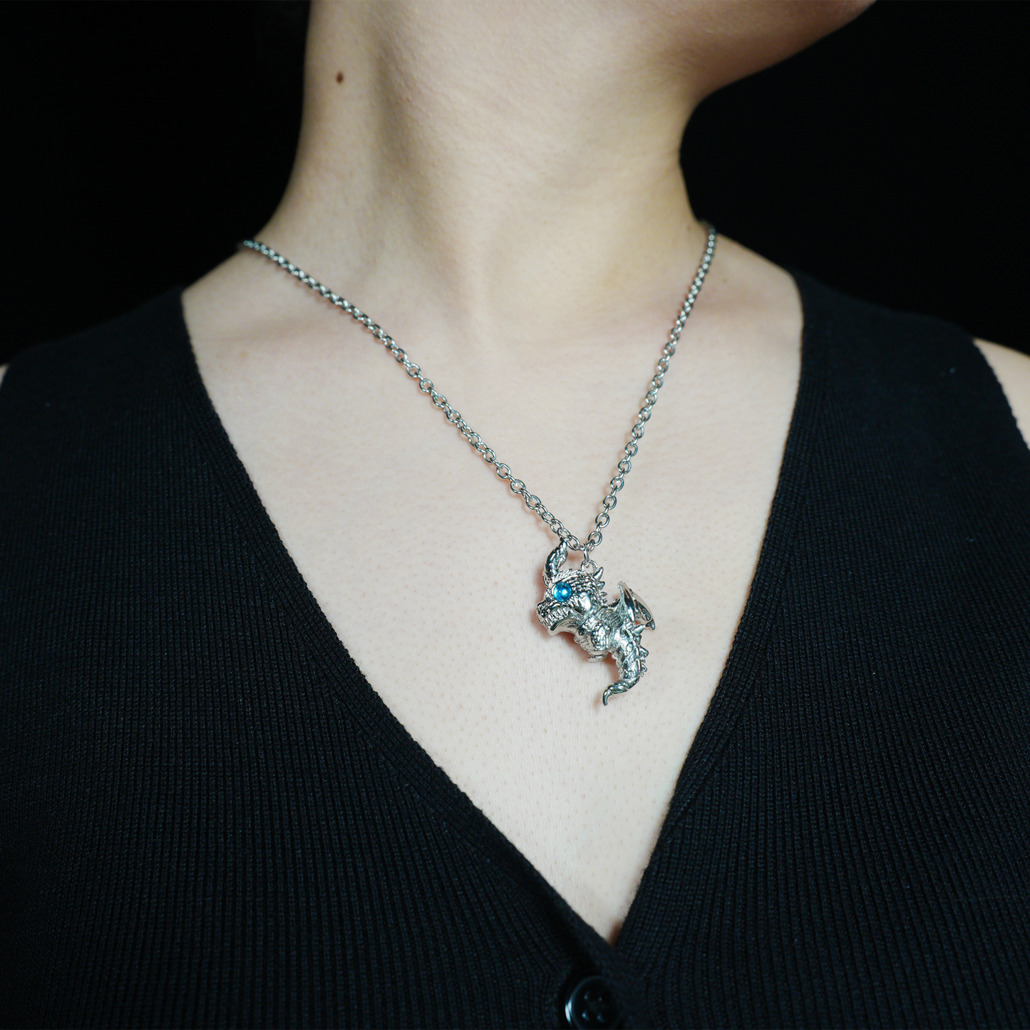 Blauäugiger Drache-Anhänger-Halskette, Gothic-Fantasie, Vintage-Legierung, Schmuck