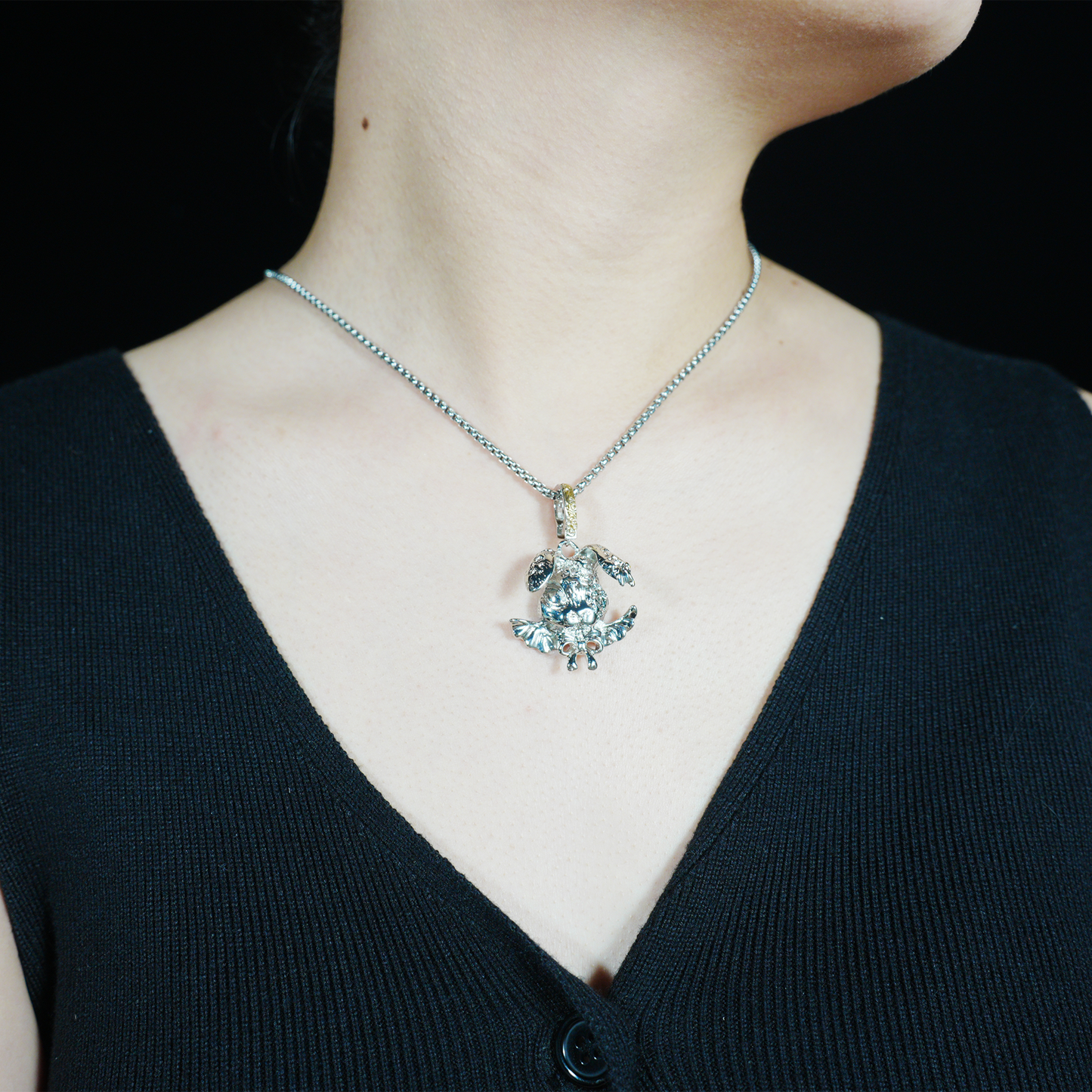 Gothic Winged Bunny Pendant, Fantasy Rabbit Necklace with Bow, Mythical Animal Jewelry