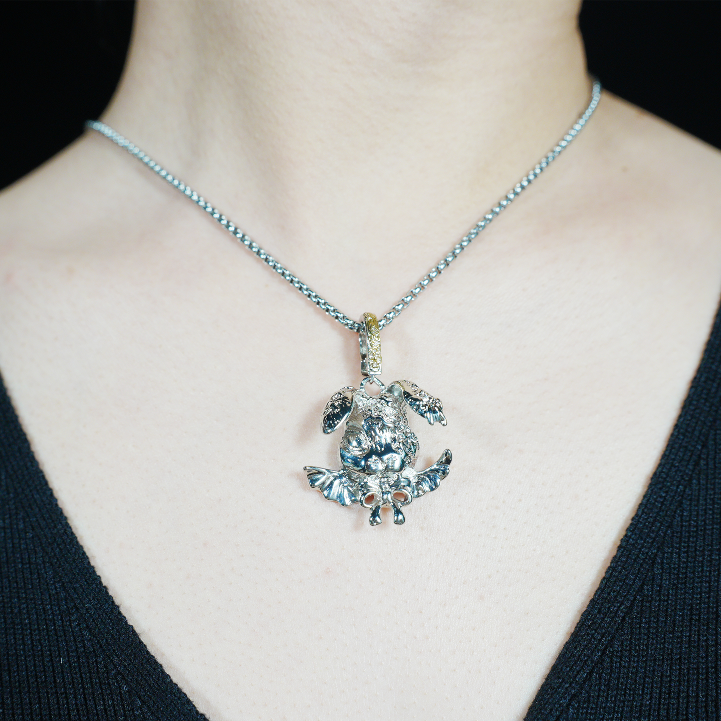 Gothic Winged Bunny Pendant, Fantasy Rabbit Necklace with Bow, Mythical Animal Jewelry