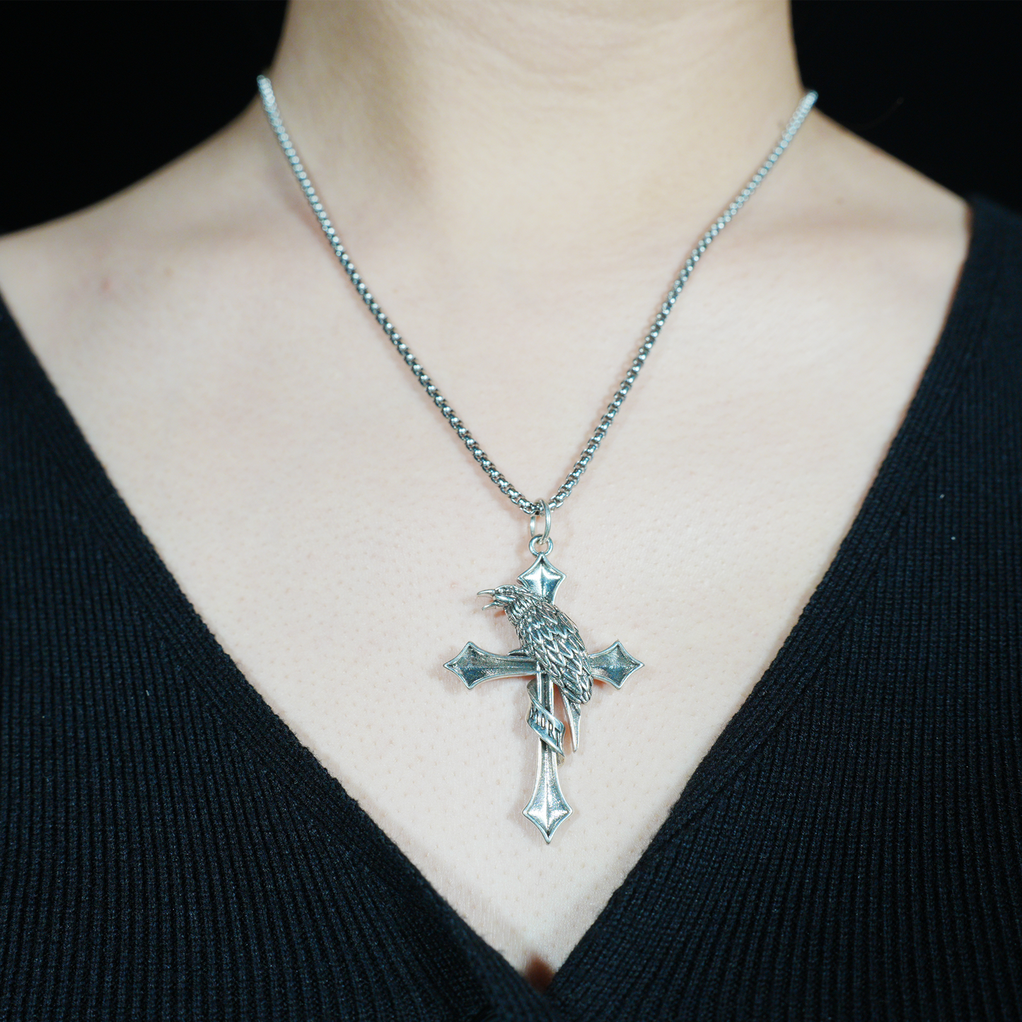 Raven & Cross Gothic Pendant, Dark Gothic brass Necklace, Symbol of Fate & Mystery