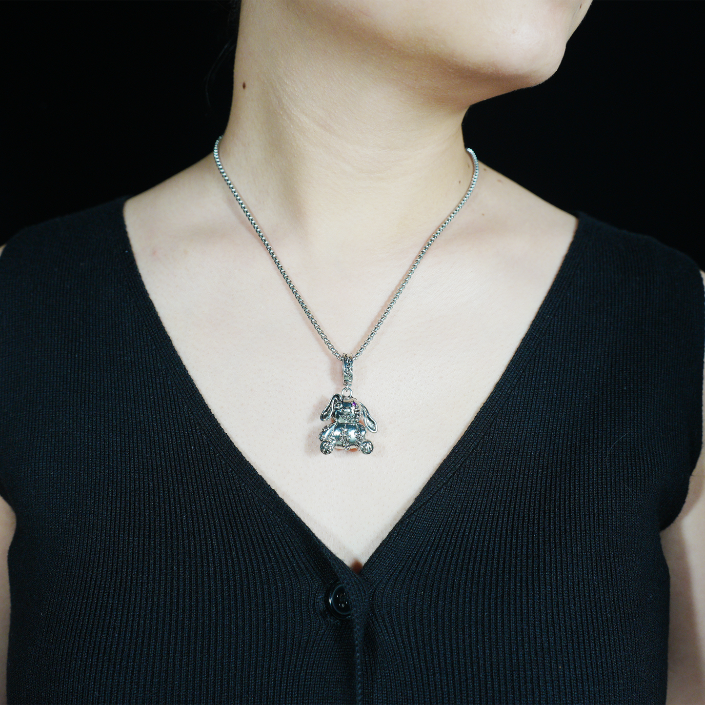 Gothic Stitched Bunny Pendant, Dark Fantasy Plush Rabbit Necklace, Creepy Cute Jewelry