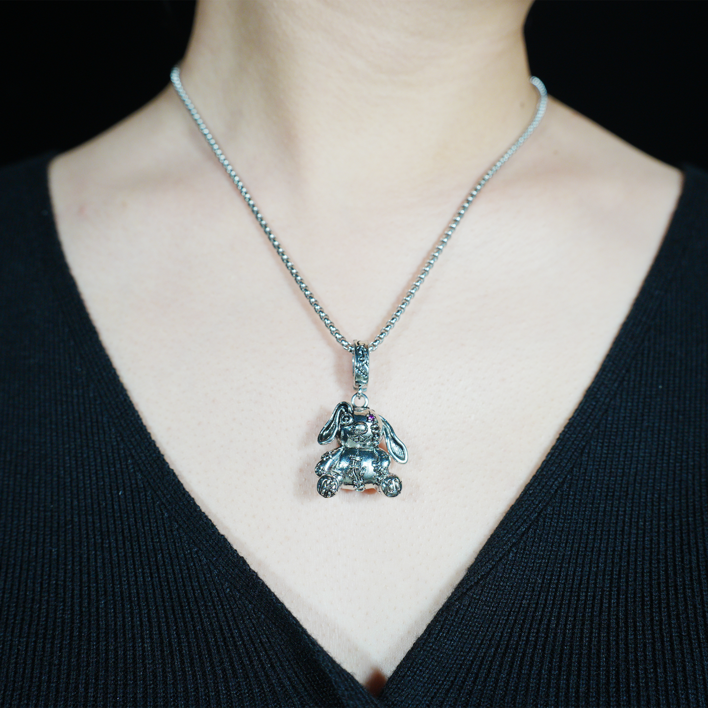 Gothic Stitched Bunny Pendant, Dark Fantasy Plush Rabbit Necklace, Creepy Cute Jewelry