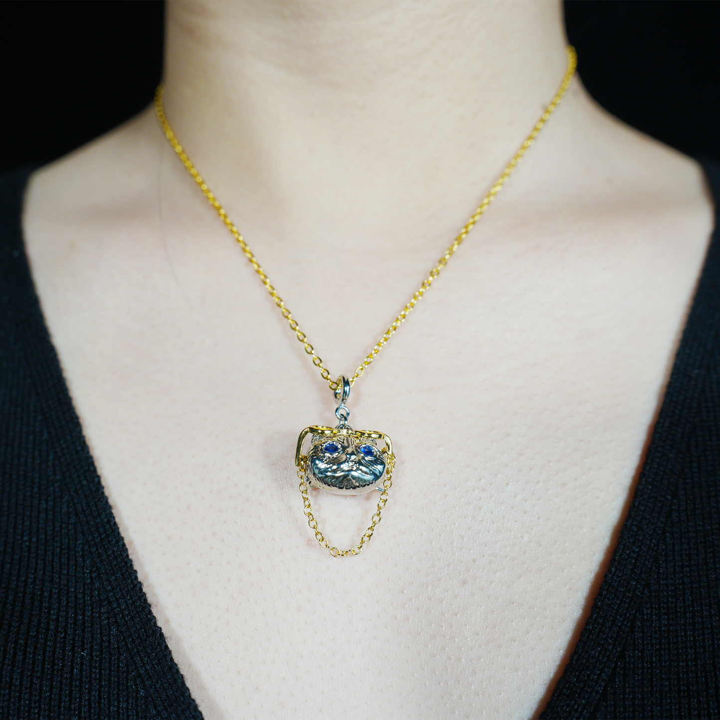 Gothic Steampunk Cat Brooch Pendant, Wise Blue-Eyed Cat with Golden Glasses, Fantasy Jewelry
