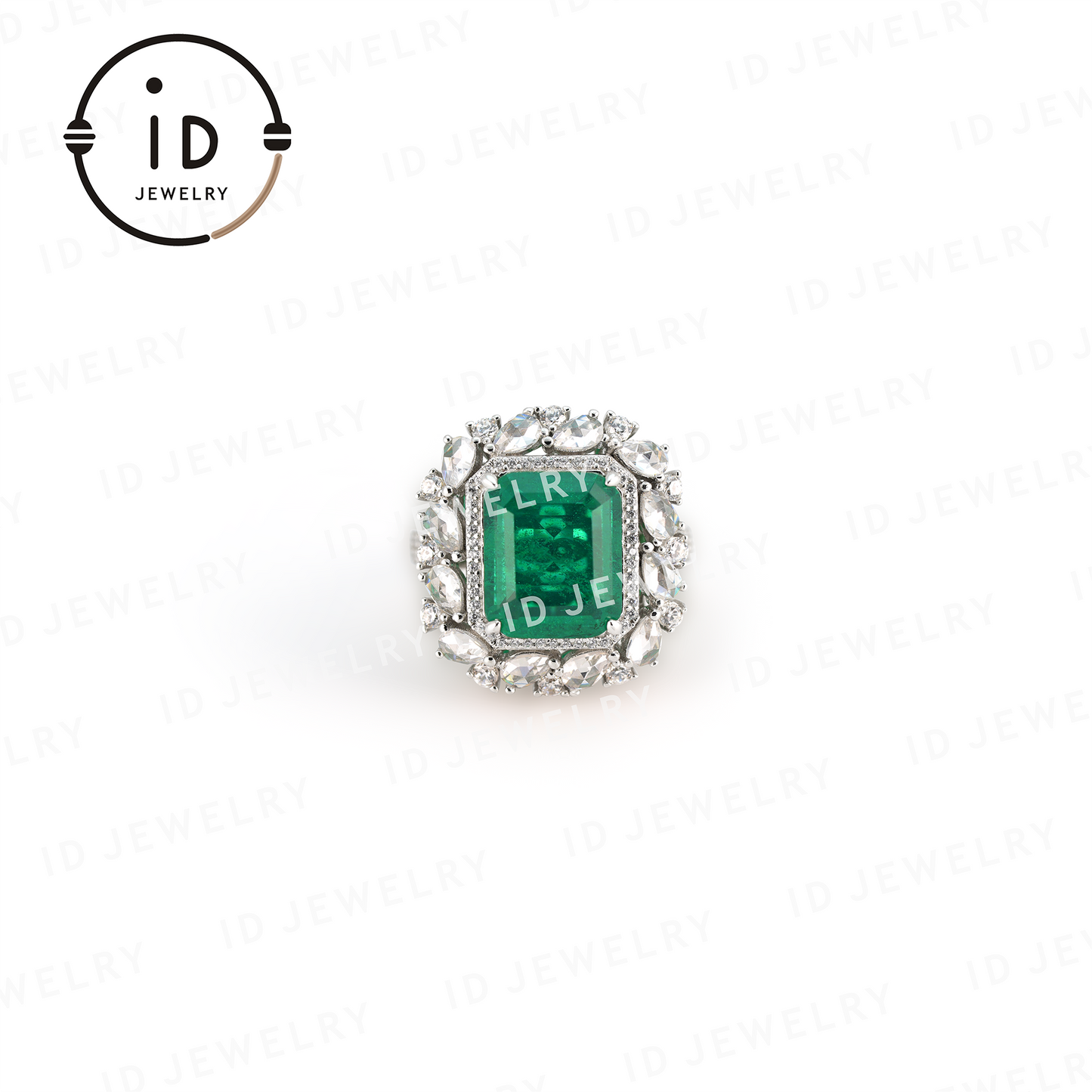 Rectangular Emerald Ring with Diamond Halo, Sterling Silver Ring, Lab-Created Emerald for Women, Anniversary Jewelry Gift