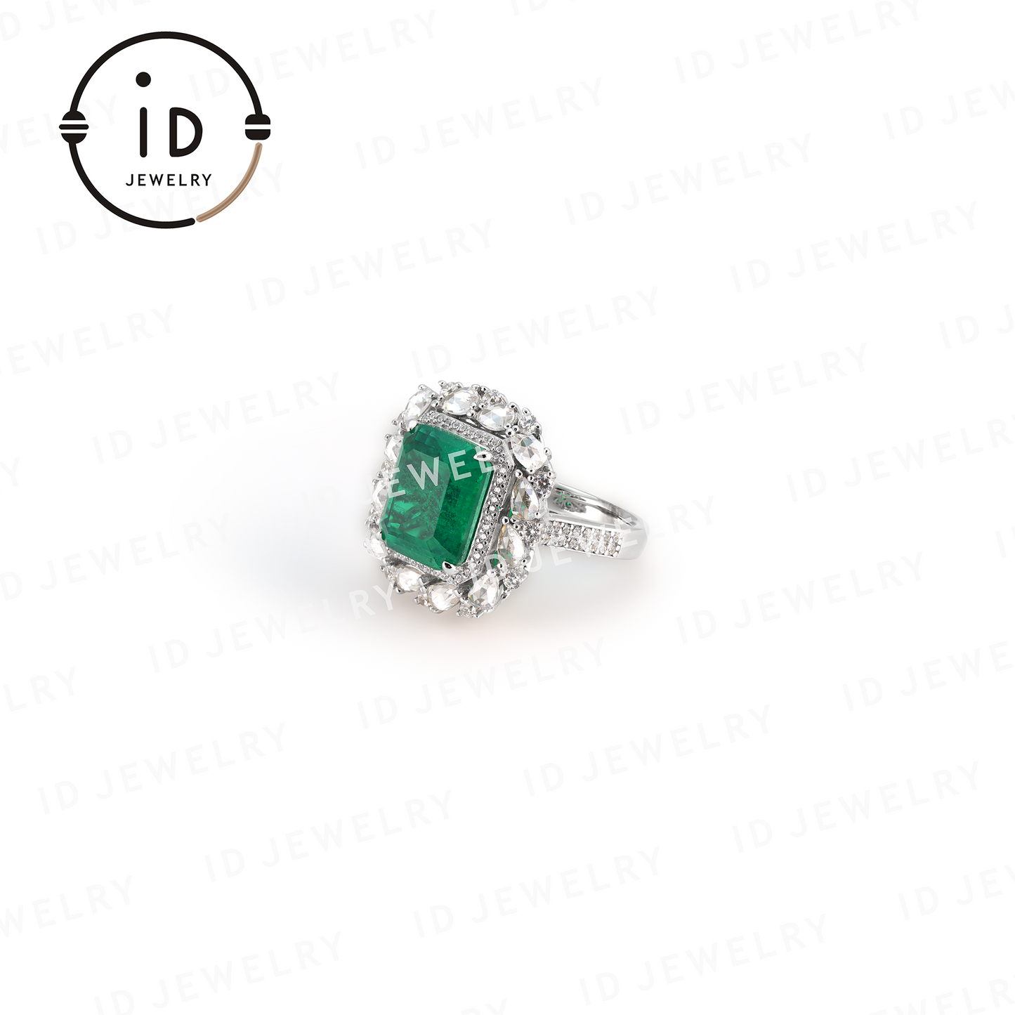 Rectangular Emerald Ring with Diamond Halo, Sterling Silver Ring, Lab-Created Emerald for Women, Anniversary Jewelry Gift