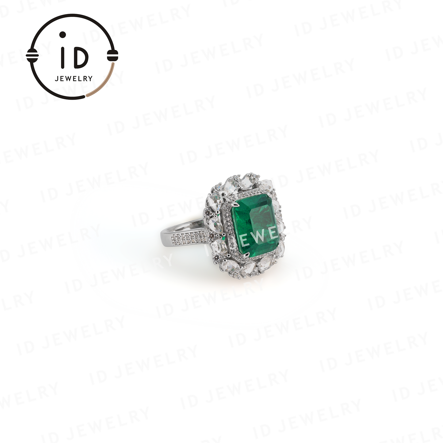 Rectangular Emerald Ring with Diamond Halo, Sterling Silver Ring, Lab-Created Emerald for Women, Anniversary Jewelry Gift