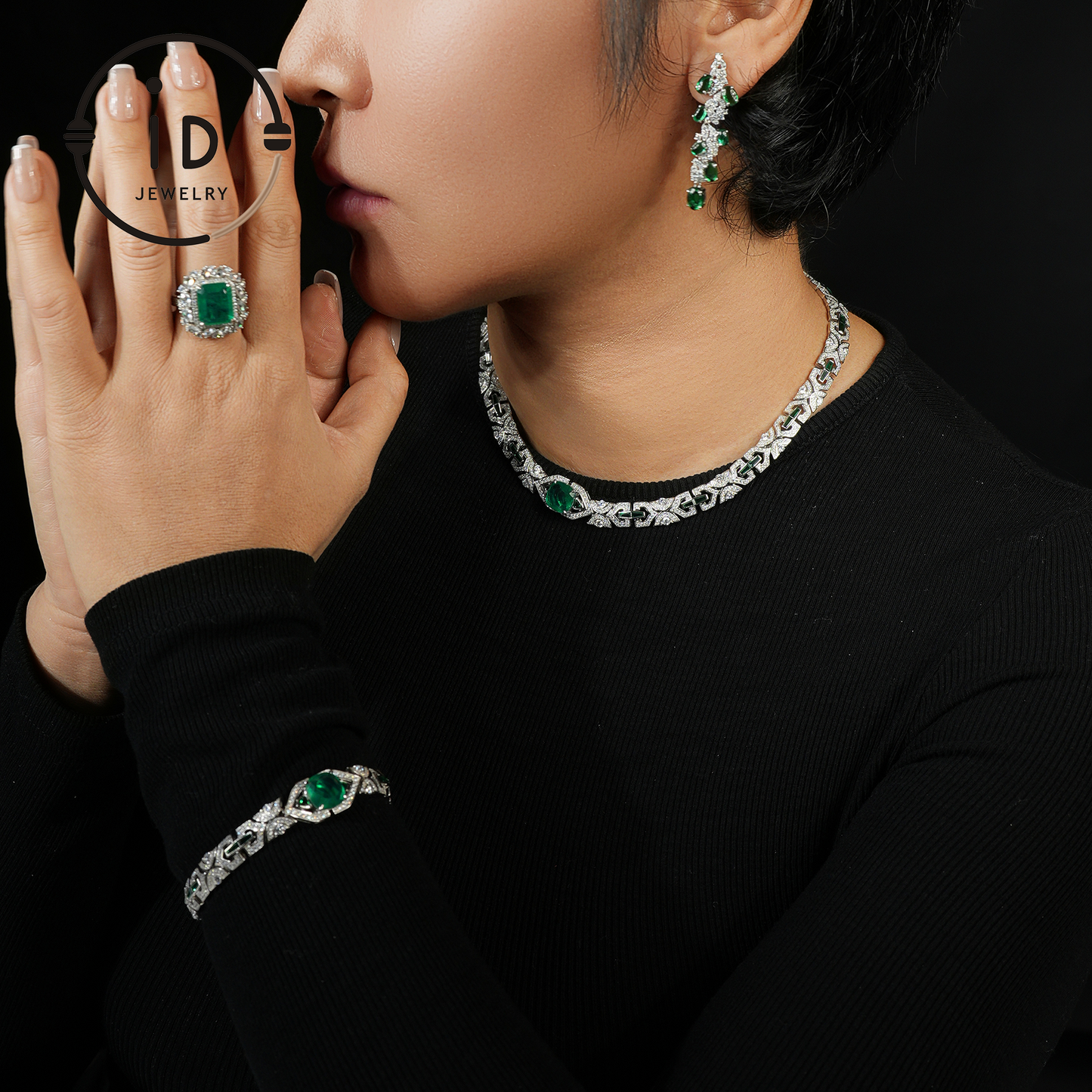 Rectangular Emerald Ring with Diamond Halo, Sterling Silver Ring, Lab-Created Emerald for Women, Anniversary Jewelry Gift