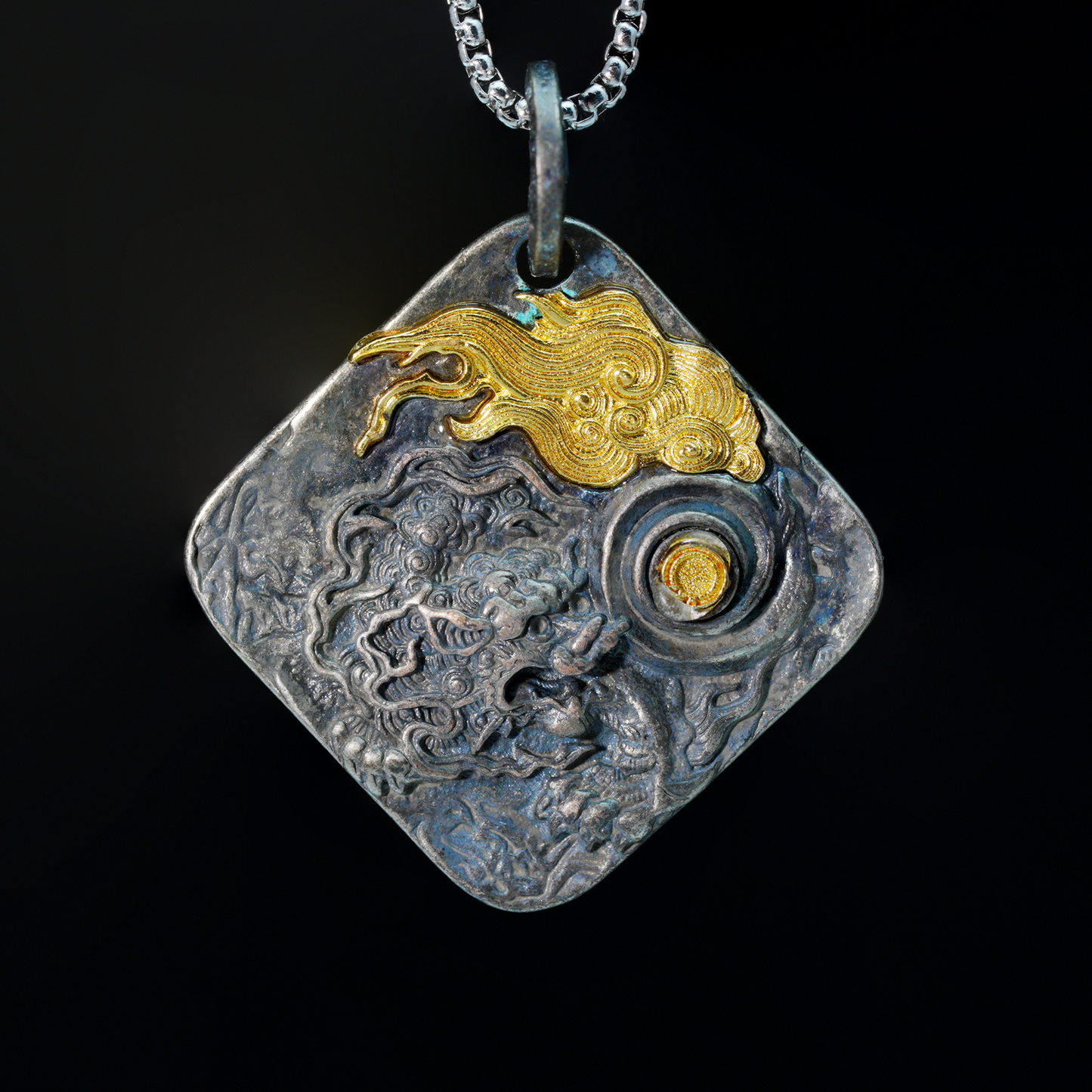 Chinese Dragon and Pearl Pendant Necklace | Eastern Amulet Symbol with Gold Cloud Motif