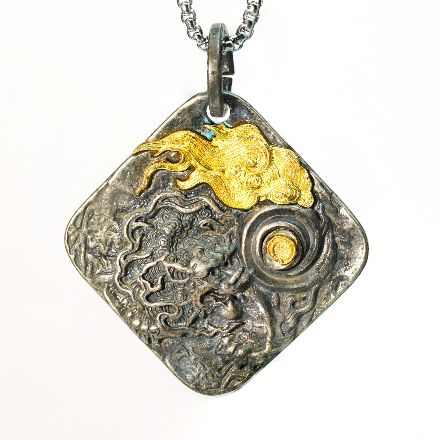 Chinese Dragon and Pearl Pendant Necklace | Eastern Amulet Symbol with Gold Cloud Motif