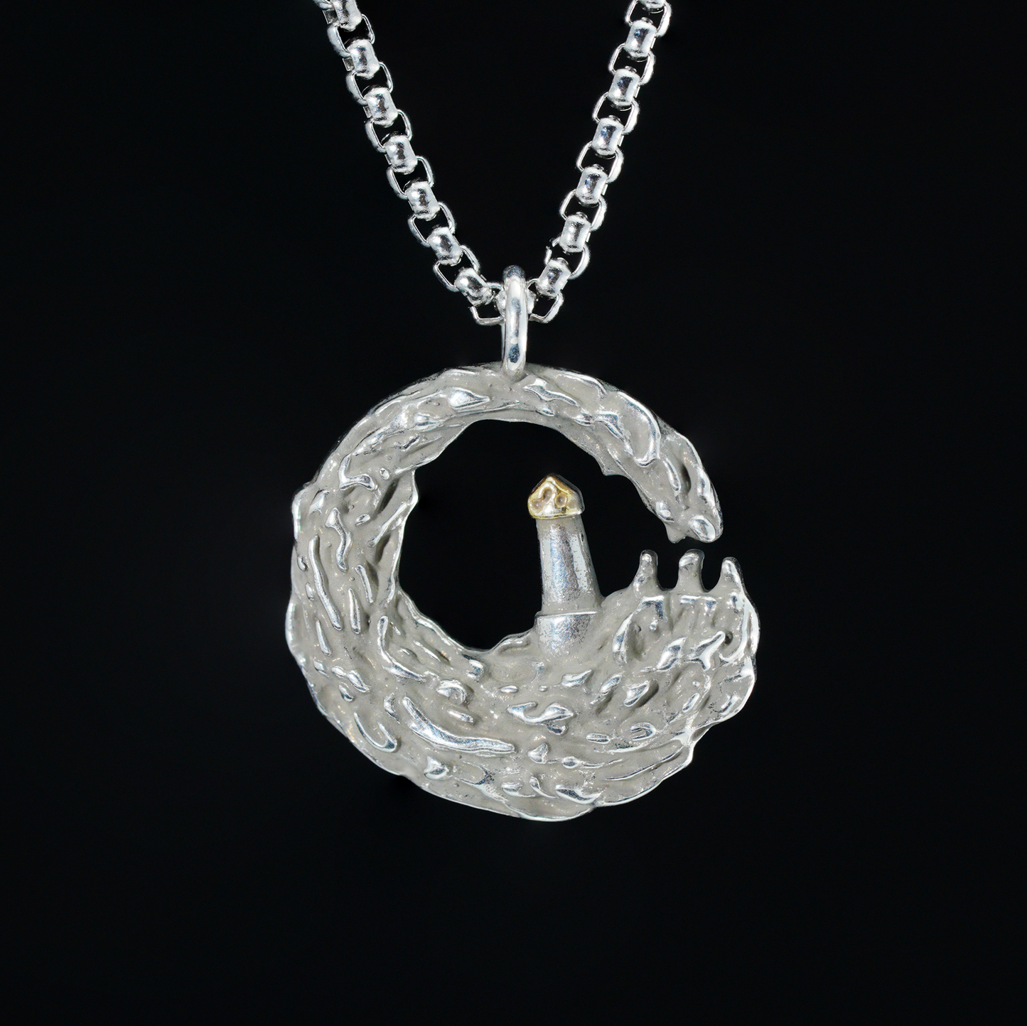 Lighthouse in Wave Pendant Necklace | Ocean Symbol Jewelry | Minimalist Nautical Unisex Accessory with Gold Accent