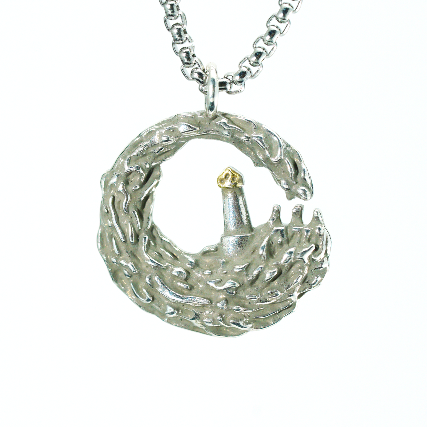 Lighthouse in Wave Pendant Necklace | Ocean Symbol Jewelry | Minimalist Nautical Unisex Accessory with Gold Accent