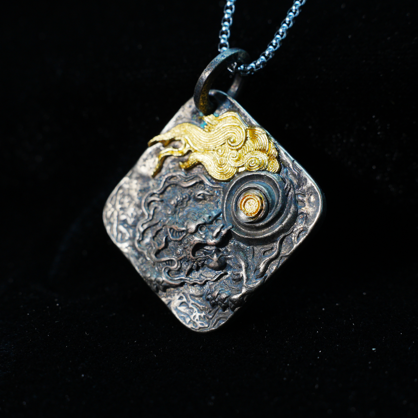 Chinese Dragon and Pearl Pendant Necklace | Eastern Amulet Symbol with Gold Cloud Motif