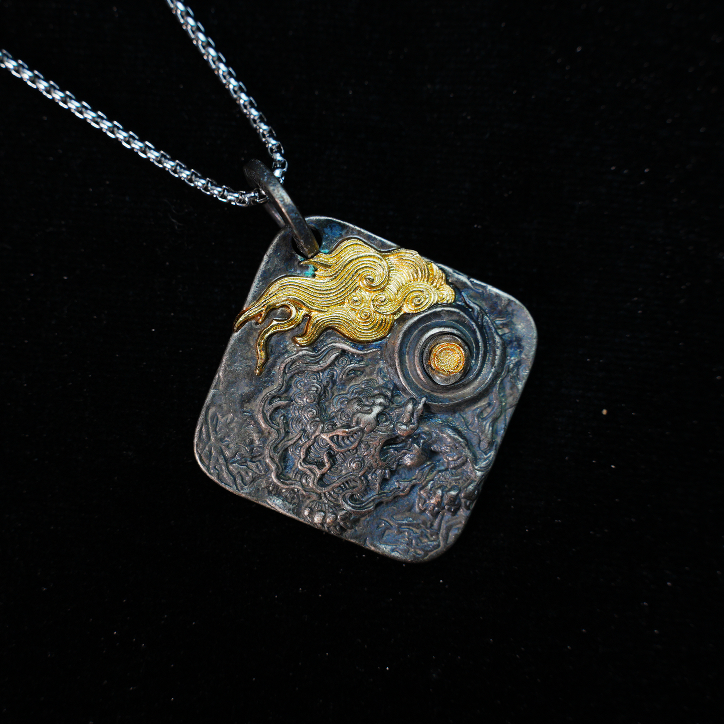 Chinese Dragon and Pearl Pendant Necklace | Eastern Amulet Symbol with Gold Cloud Motif