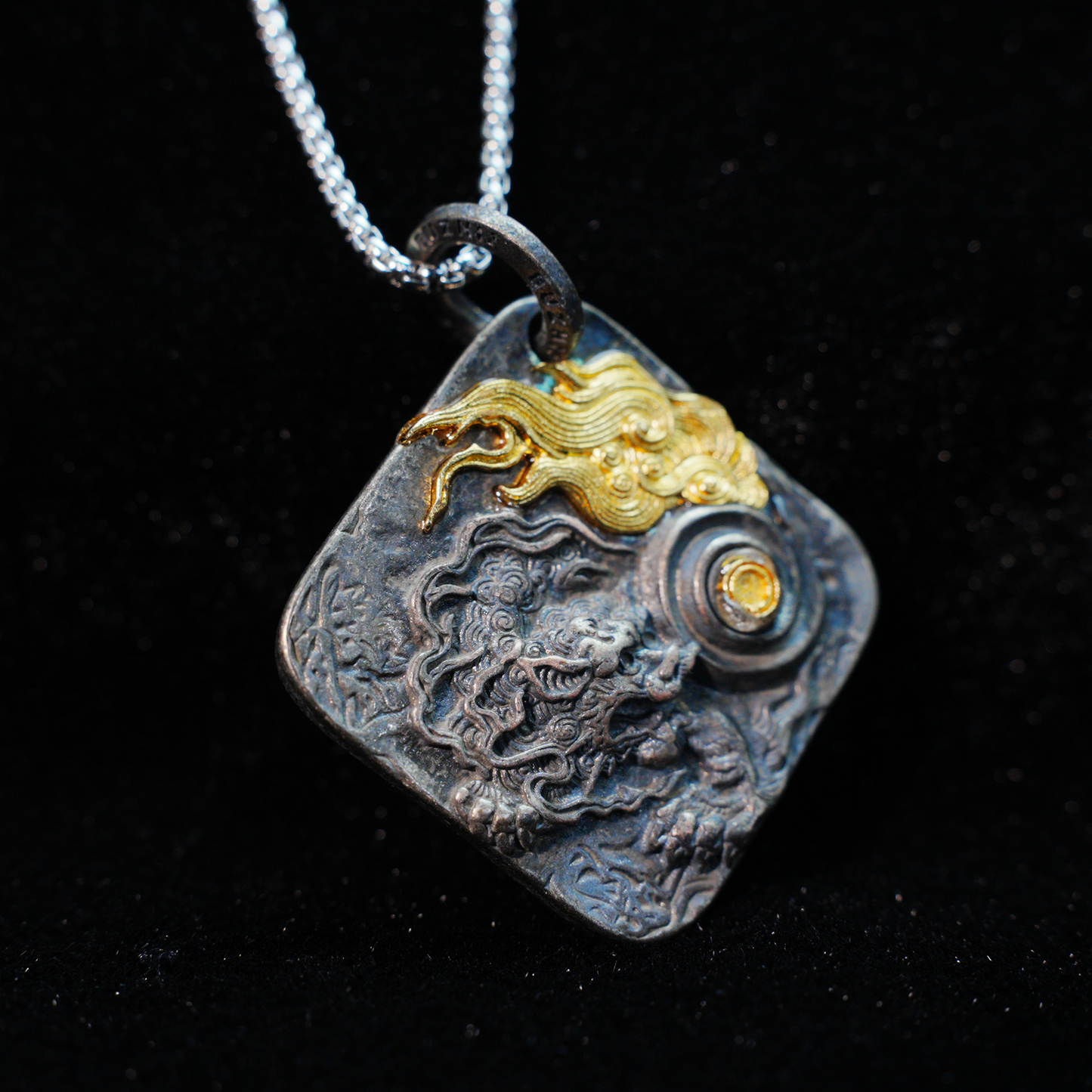 Chinese Dragon and Pearl Pendant Necklace | Eastern Amulet Symbol with Gold Cloud Motif
