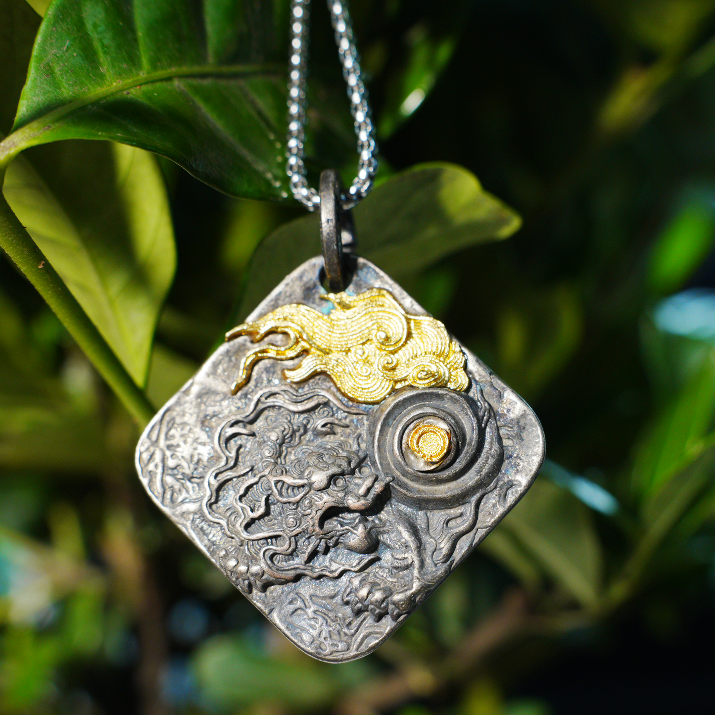 Chinese Dragon and Pearl Pendant Necklace | Eastern Amulet Symbol with Gold Cloud Motif