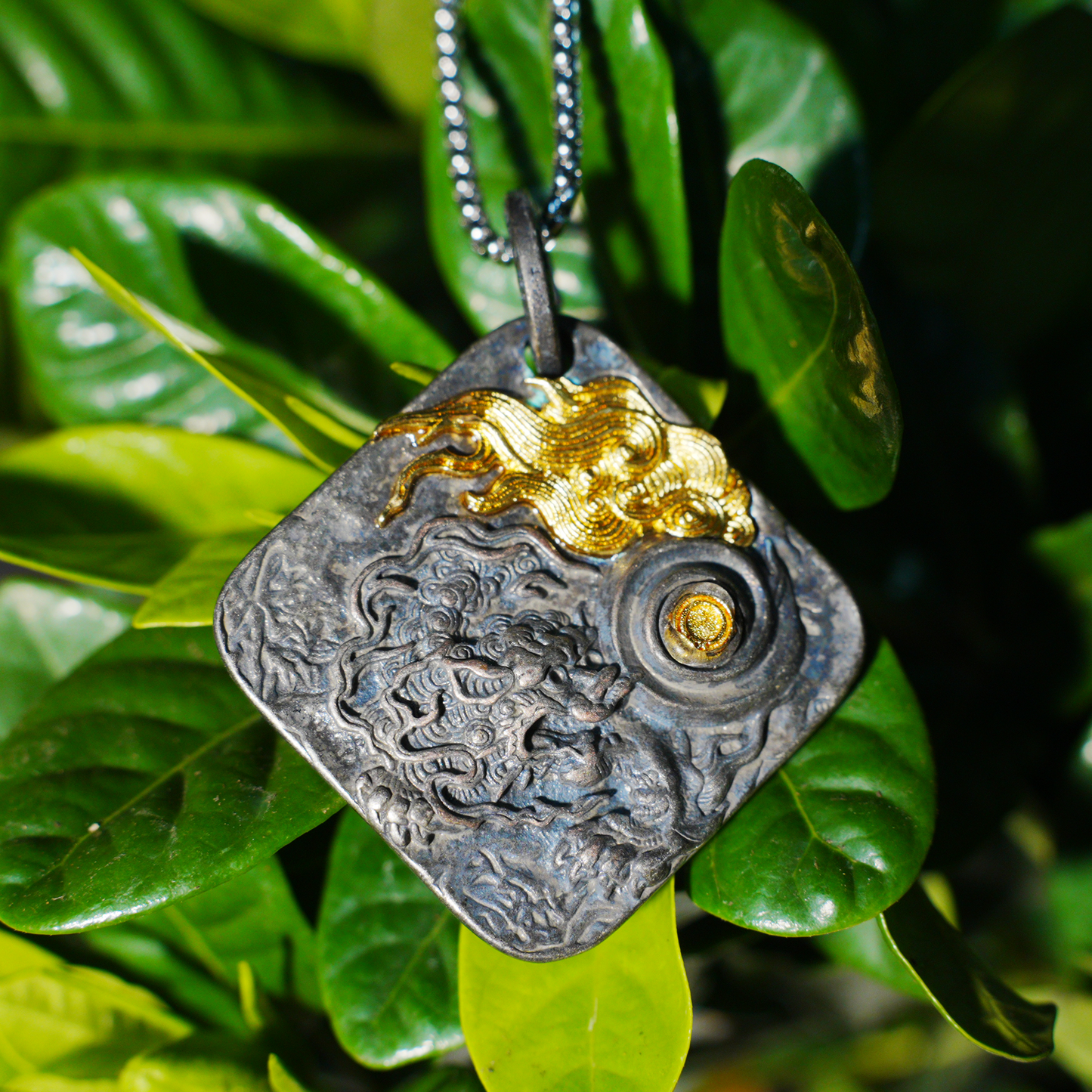 Chinese Dragon and Pearl Pendant Necklace | Eastern Amulet Symbol with Gold Cloud Motif