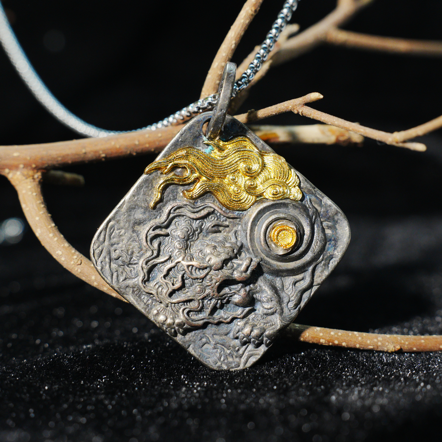 Chinese Dragon and Pearl Pendant Necklace | Eastern Amulet Symbol with Gold Cloud Motif