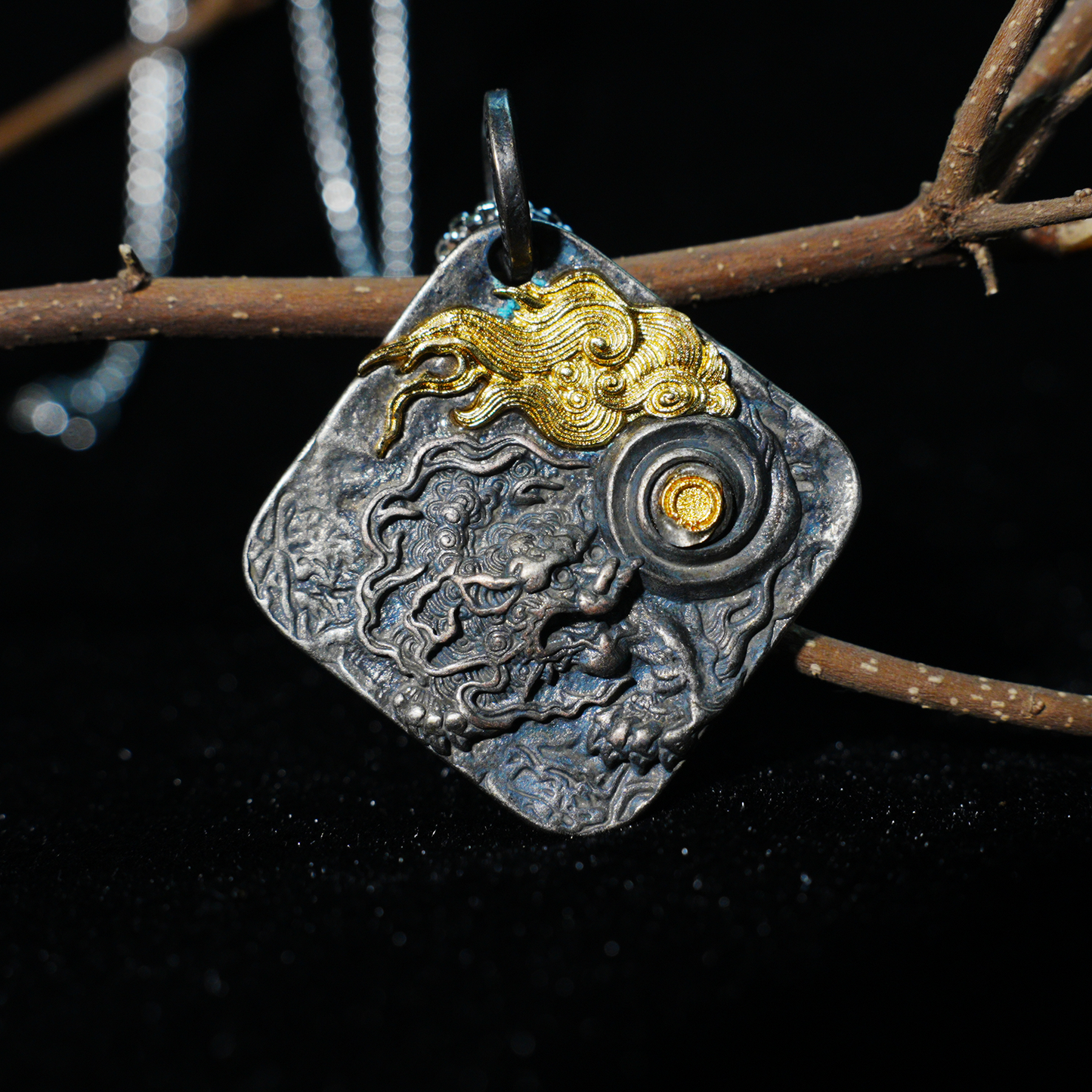 Chinese Dragon and Pearl Pendant Necklace | Eastern Amulet Symbol with Gold Cloud Motif