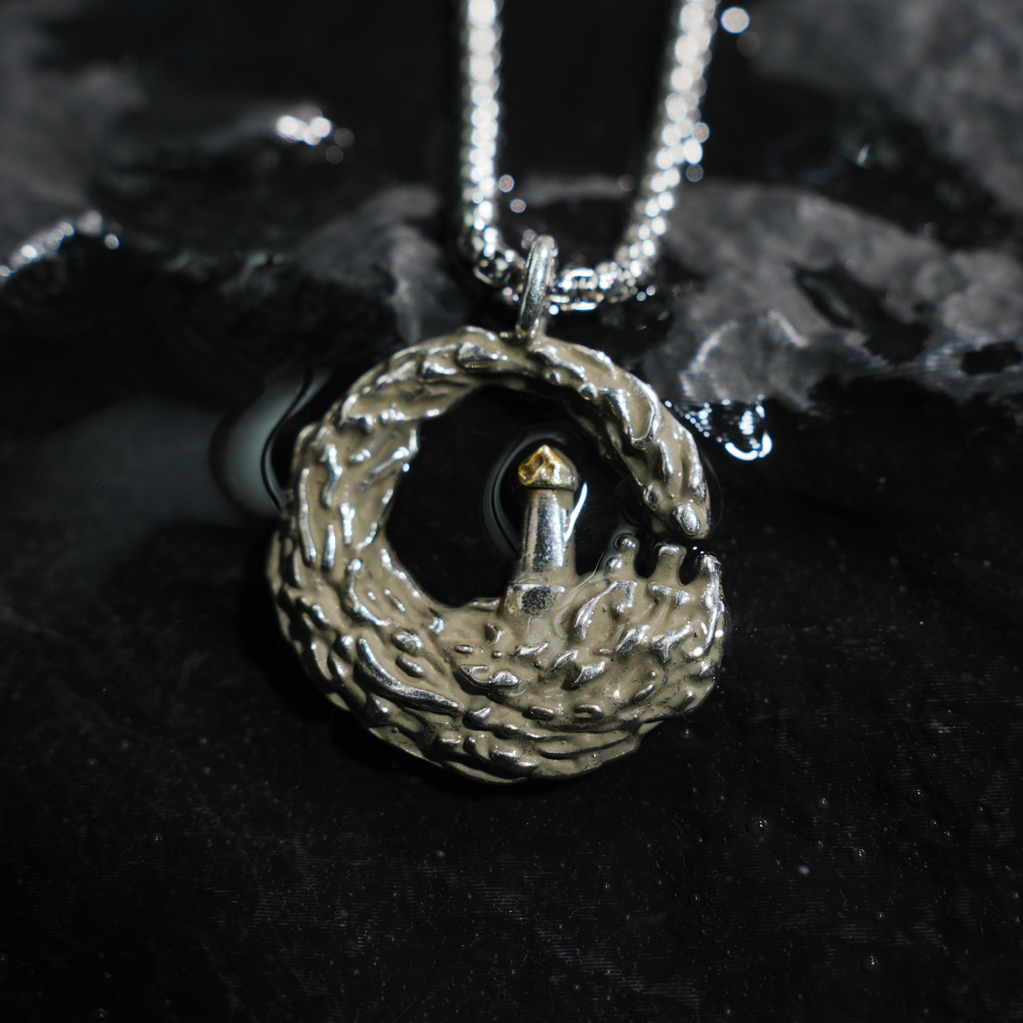 Lighthouse in Wave Pendant Necklace | Ocean Symbol Jewelry | Minimalist Nautical Unisex Accessory with Gold Accent