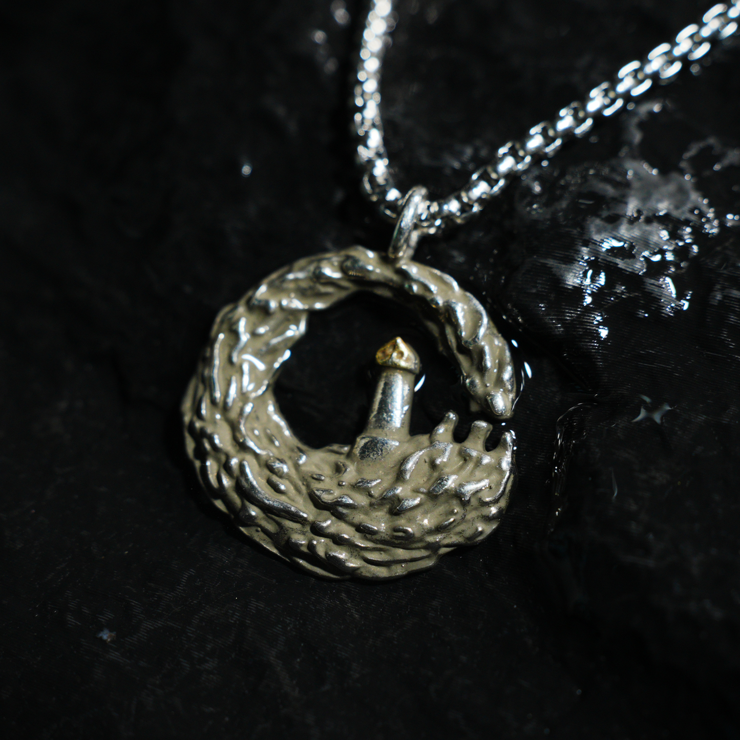 Lighthouse in Wave Pendant Necklace | Ocean Symbol Jewelry | Minimalist Nautical Unisex Accessory with Gold Accent