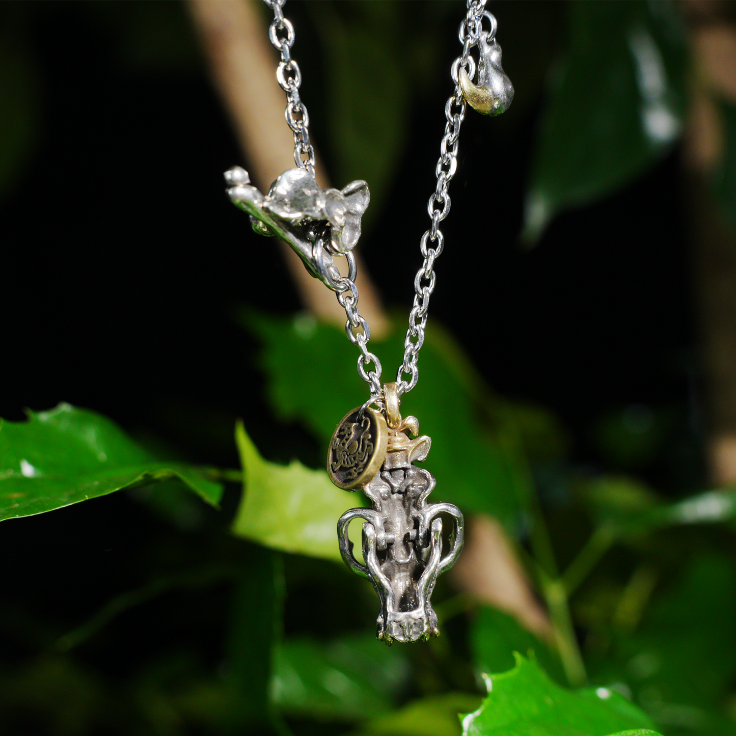 Mythic Beast Skull Pendant Necklace with Dragon Crest Medallion | Gothic Totem Jewelry for Fantasy Lovers