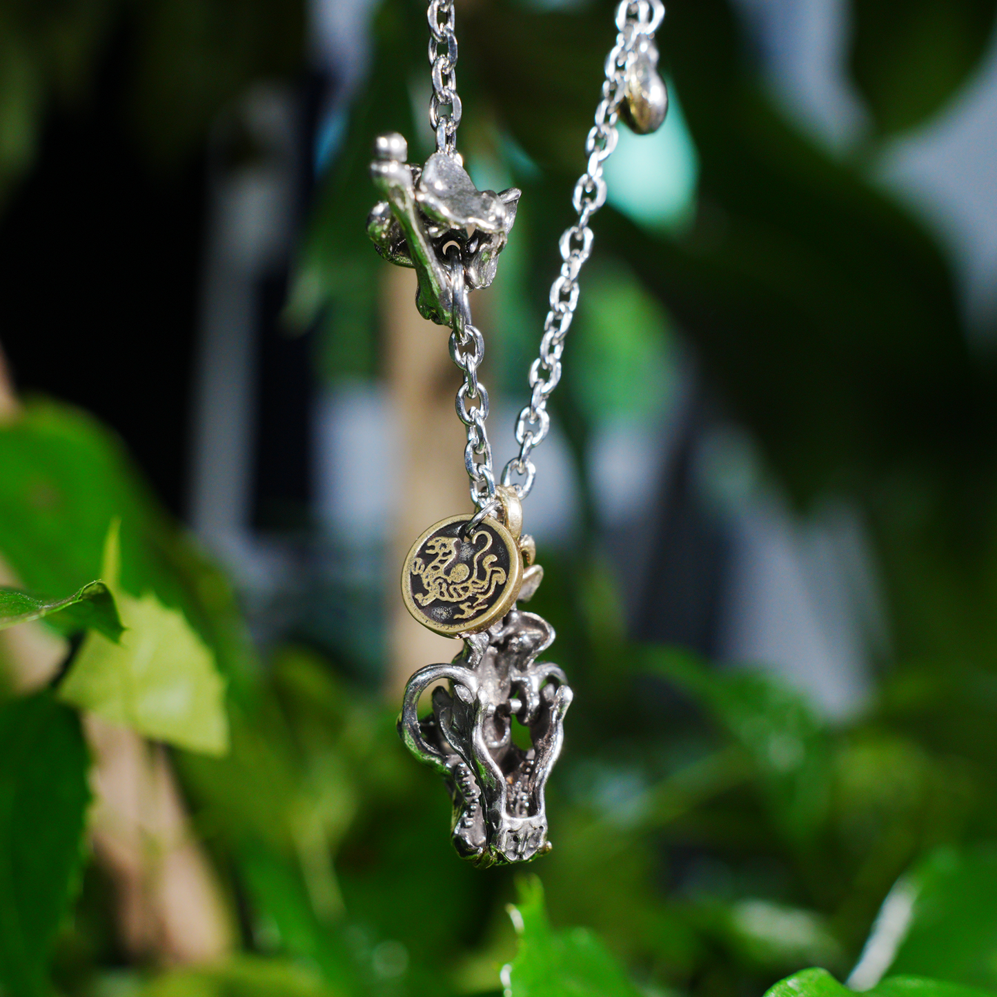 Mythic Beast Skull Pendant Necklace with Dragon Crest Medallion | Gothic Totem Jewelry for Fantasy Lovers