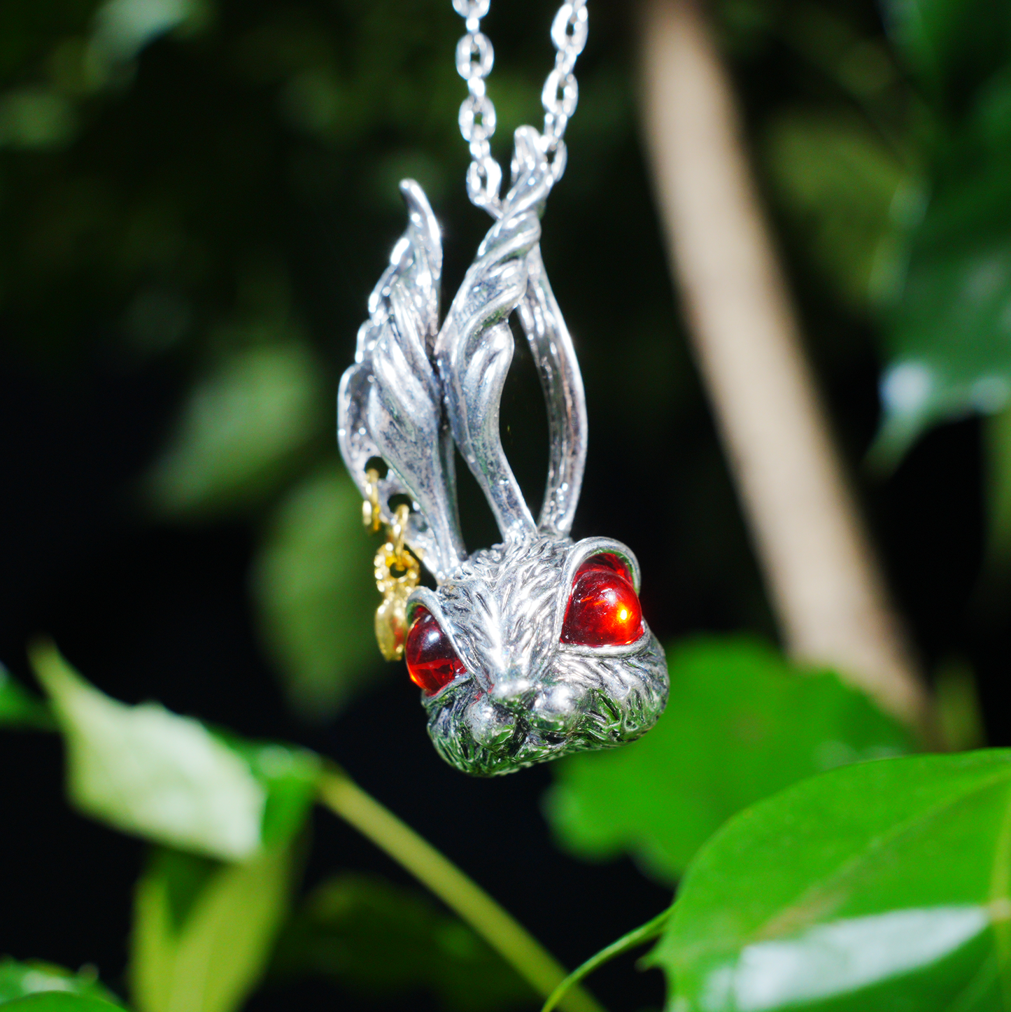Gothic Red-Eyed Bunny Necklace, Fantasy Animal Totem Pendant, Spiritual Amulet Jewelry, Unique Gift for Dark Aesthetic and Holiday Wear