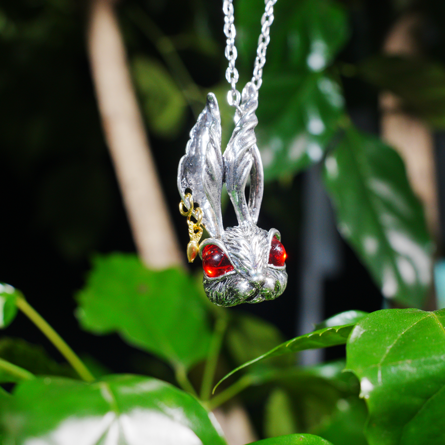 Gothic Red-Eyed Bunny Necklace, Fantasy Animal Totem Pendant, Spiritual Amulet Jewelry, Unique Gift for Dark Aesthetic and Holiday Wear