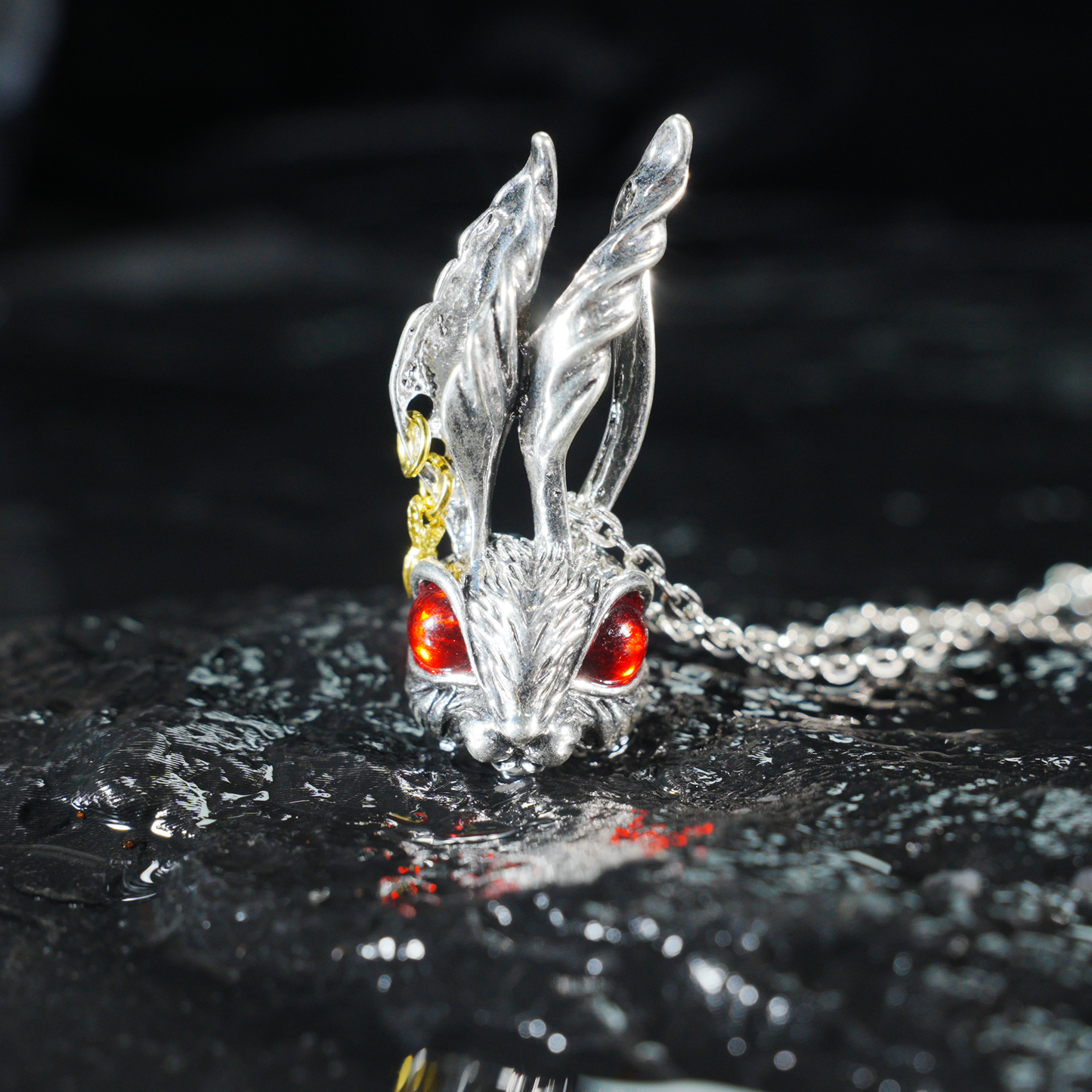 Gothic Red-Eyed Bunny Necklace, Fantasy Animal Totem Pendant, Spiritual Amulet Jewelry, Unique Gift for Dark Aesthetic and Holiday Wear