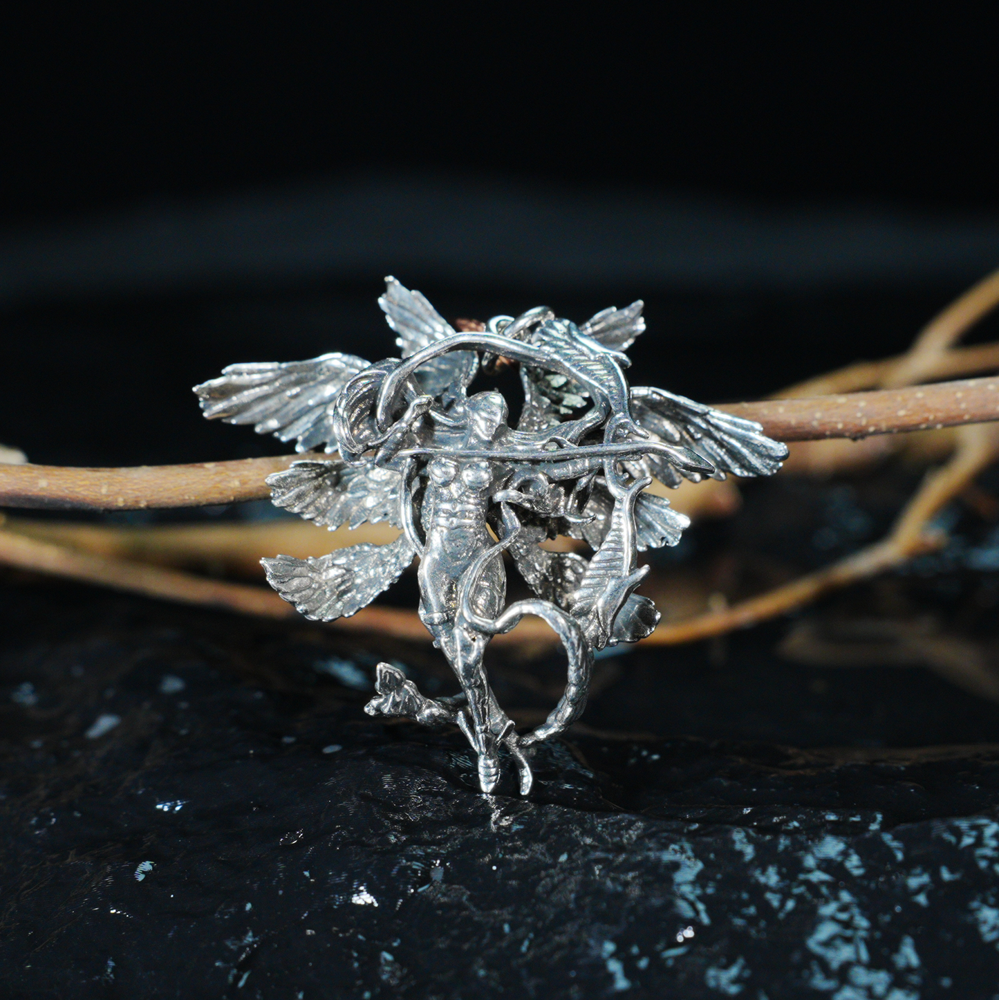 Winged Warrior Goddess Pendant – Bow-Drawn Valkyrie Necklace, Gothic Mythic Amulet, Sculptural Statement Jewelry