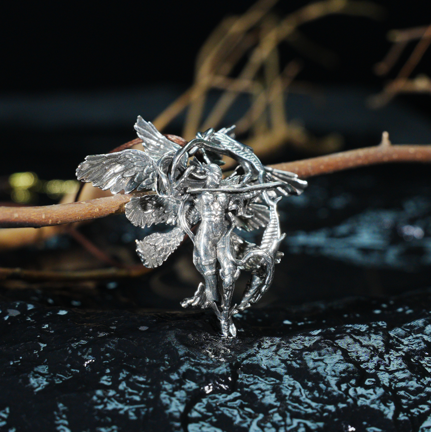 Winged Warrior Goddess Pendant – Bow-Drawn Valkyrie Necklace, Gothic Mythic Amulet, Sculptural Statement Jewelry