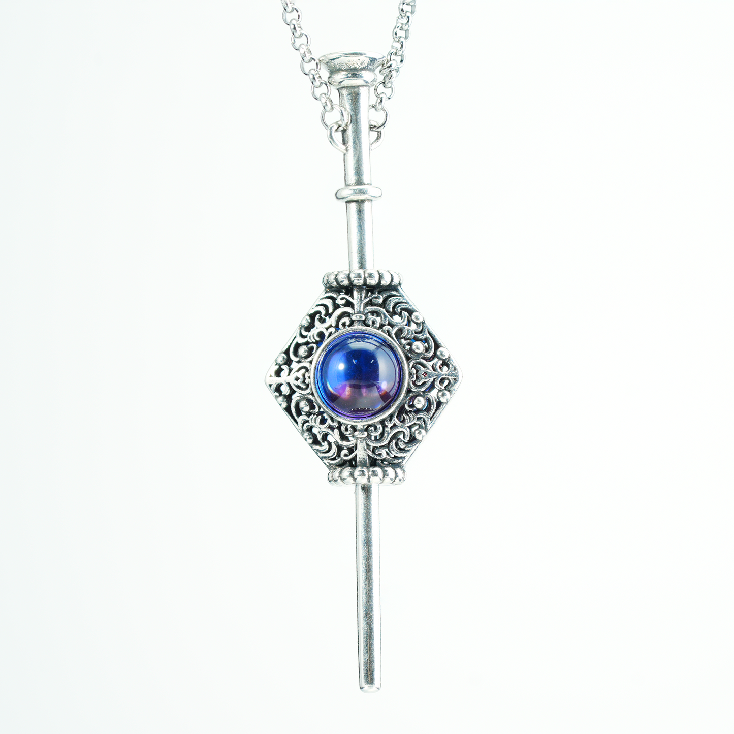 Vintage Gothic Zauberstab Anhänger Halskette, Lila Rot Edelstein Amulett Design, Ornamental Geschnitzter Tropfen, Artisan Statement Schmuck