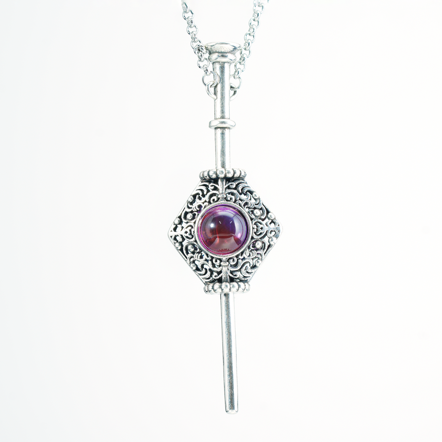 Vintage Gothic Zauberstab Anhänger Halskette, Lila Rot Edelstein Amulett Design, Ornamental Geschnitzter Tropfen, Artisan Statement Schmuck