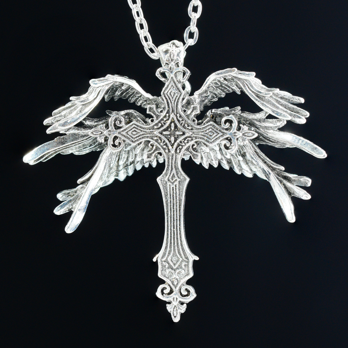 Gothic Kreuz Halskette mit Flügeln, Engel Amulett Anhänger, Vintage Religiöser Schmuck, Statement Fantasy Halskette