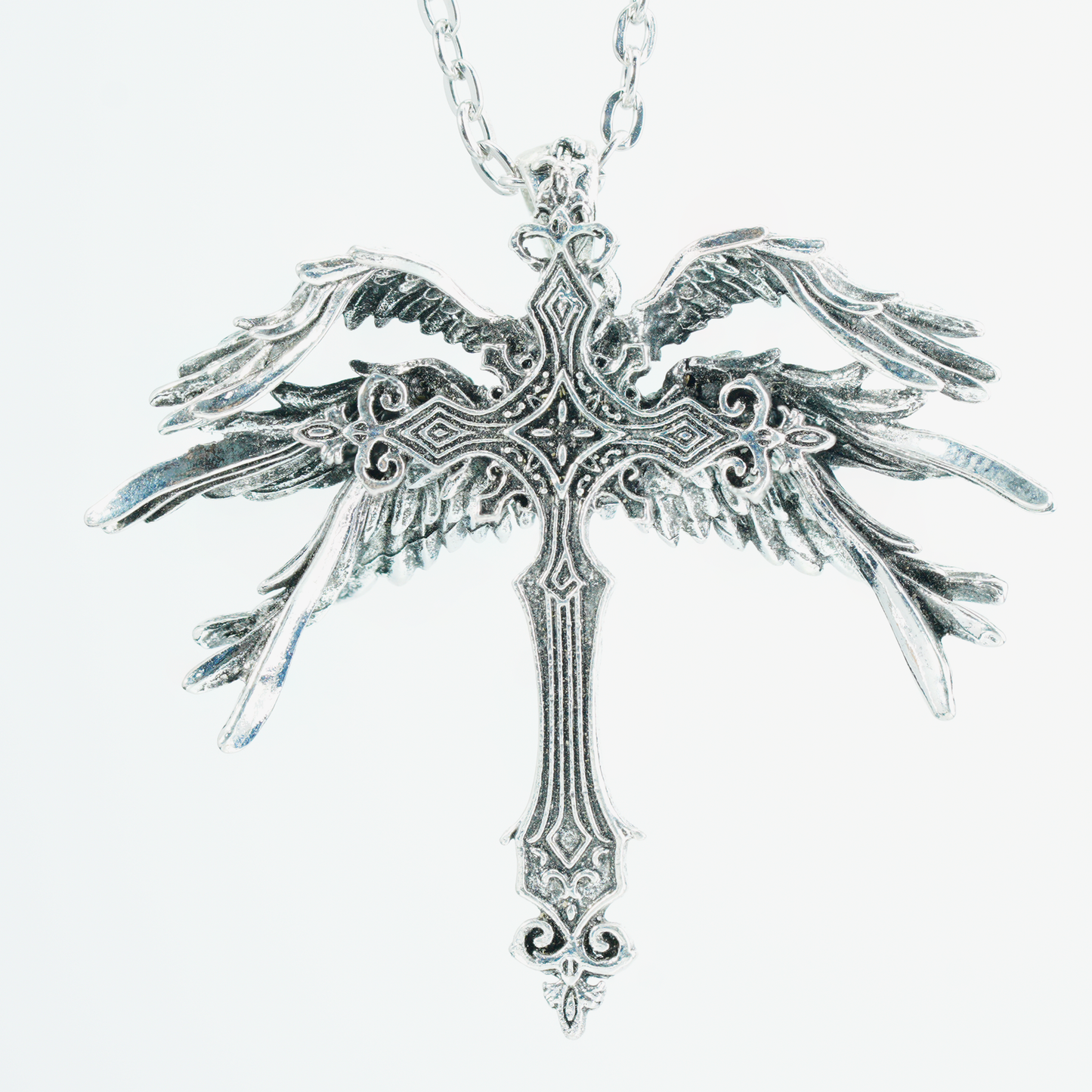 Gothic Kreuz Halskette mit Flügeln, Engel Amulett Anhänger, Vintage Religiöser Schmuck, Statement Fantasy Halskette