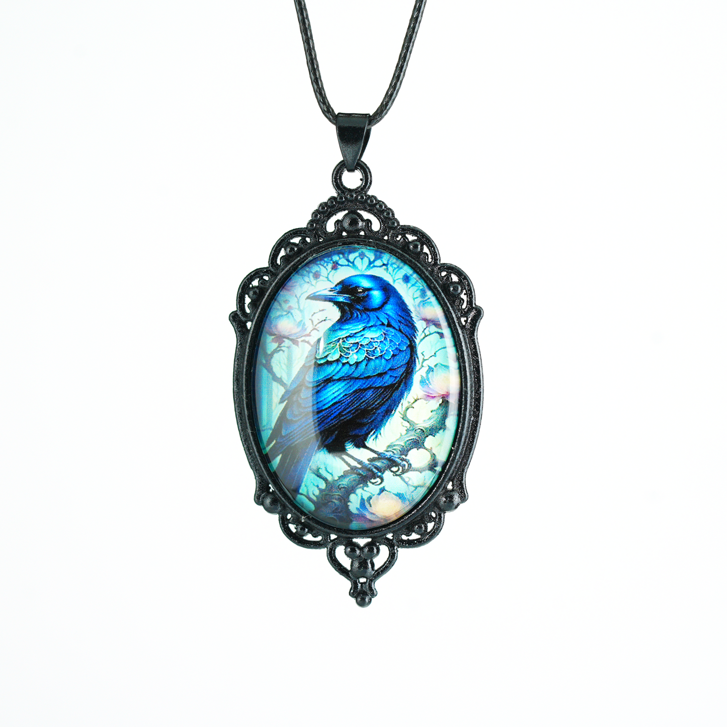 Halskette mit mystischem Rabenanhänger | Gotischer Vintage-Rahmen mit blau-schwarzer Illustration | Fantasy-Totemschmuck für Schutz und Weisheit