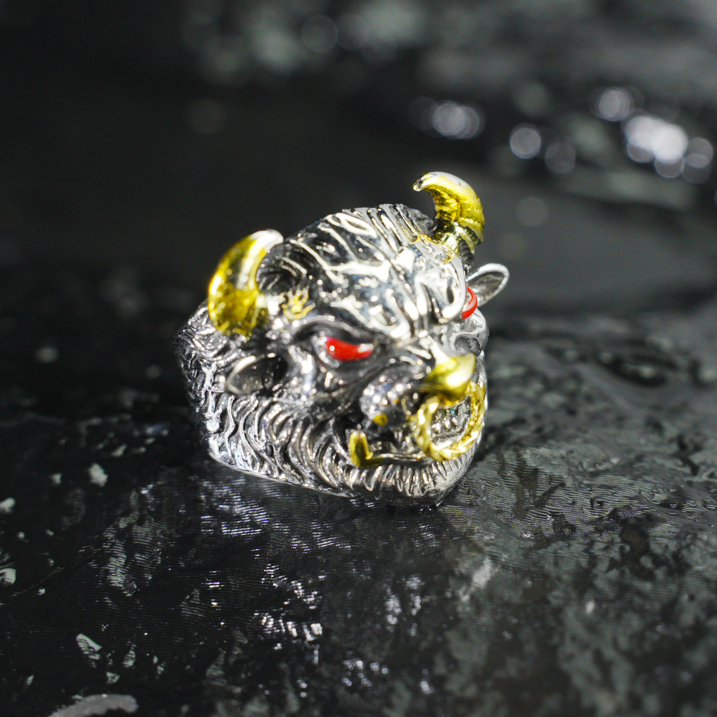 Furious Bull Totem Ring | Black-Silver Design with Red Eyes & Golden Horns | Gothic Protective Jewelry | Bold Statement Accessory