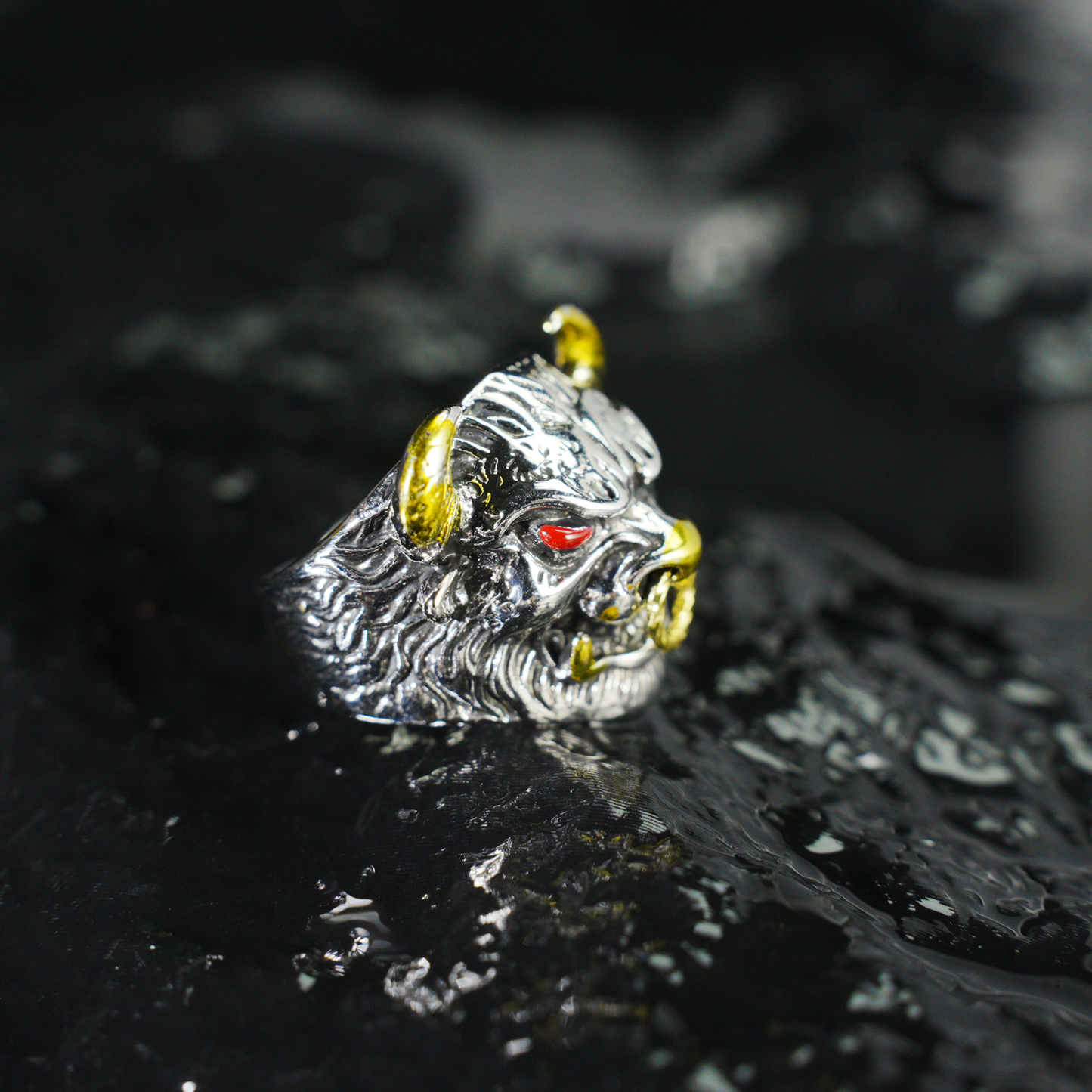 Furious Bull Totem Ring | Black-Silver Design with Red Eyes & Golden Horns | Gothic Protective Jewelry | Bold Statement Accessory