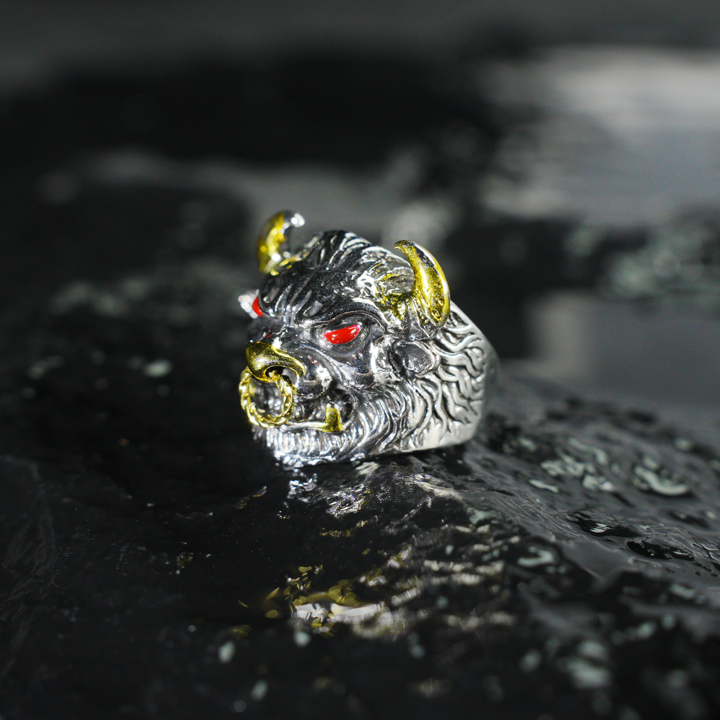 Furious Bull Totem Ring | Black-Silver Design with Red Eyes & Golden Horns | Gothic Protective Jewelry | Bold Statement Accessory