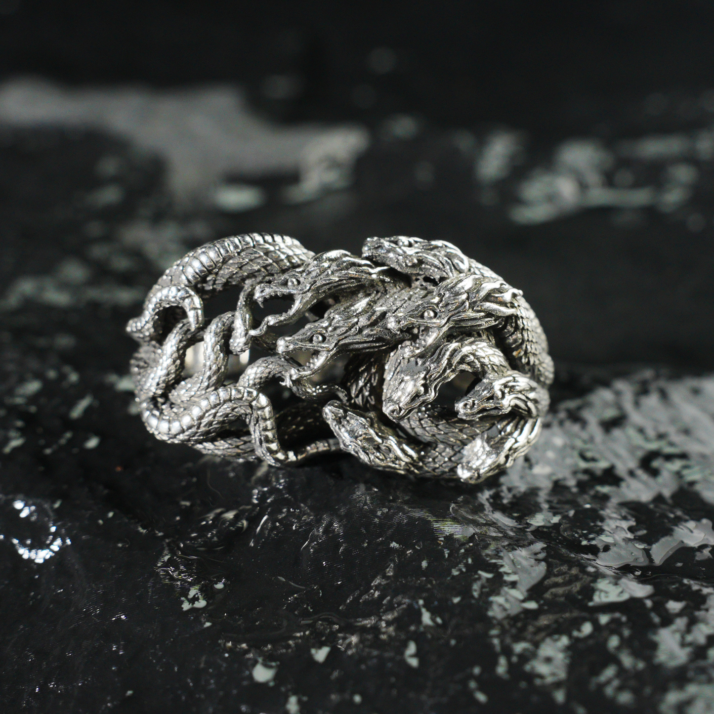 Mythic Hydra Dragon Ring, Gothic Statement Ring for Men, Heavyweight Carved Ring, Multi-Dragon Totem Jewelry