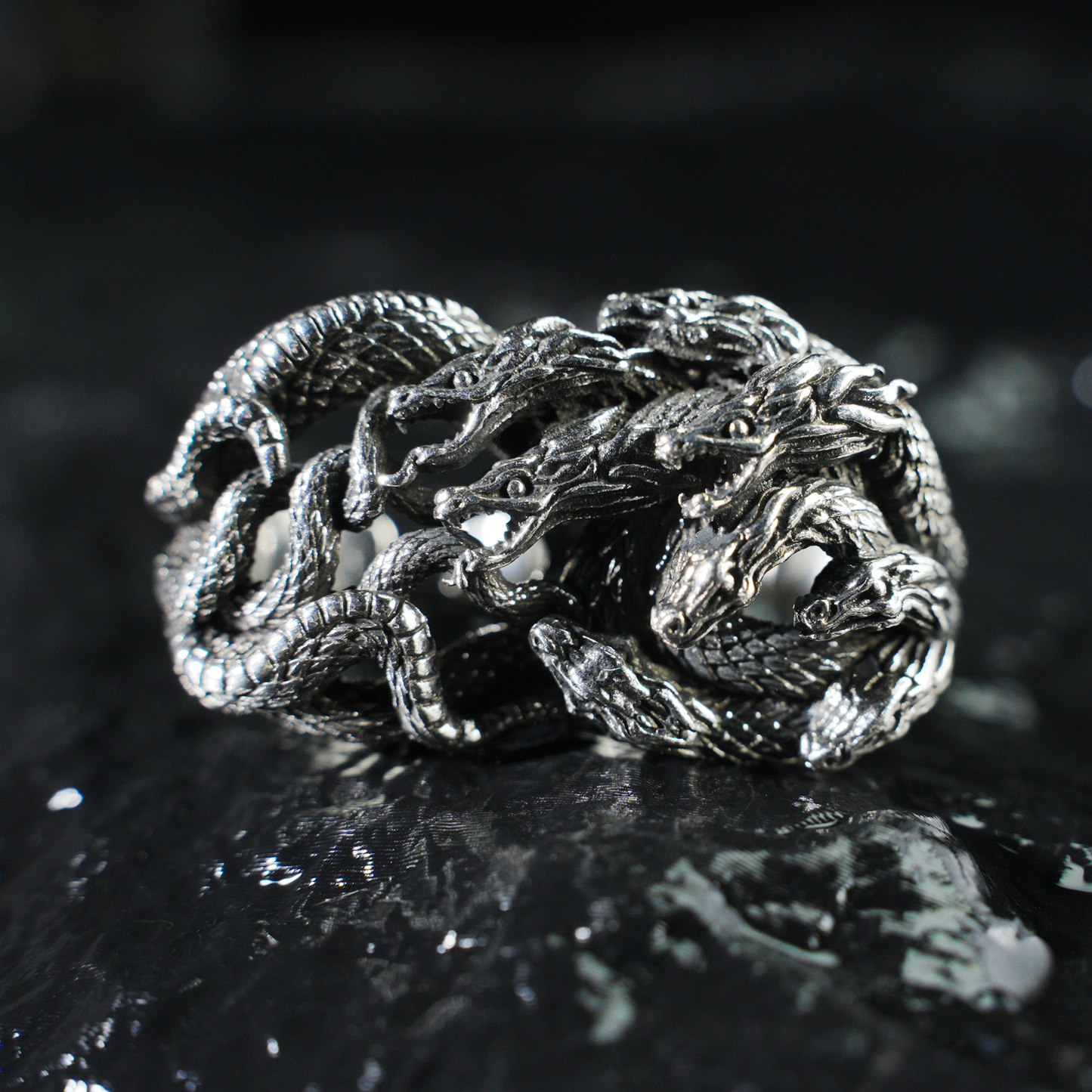 Mythic Hydra Dragon Ring, Gothic Statement Ring for Men, Heavyweight Carved Ring, Multi-Dragon Totem Jewelry