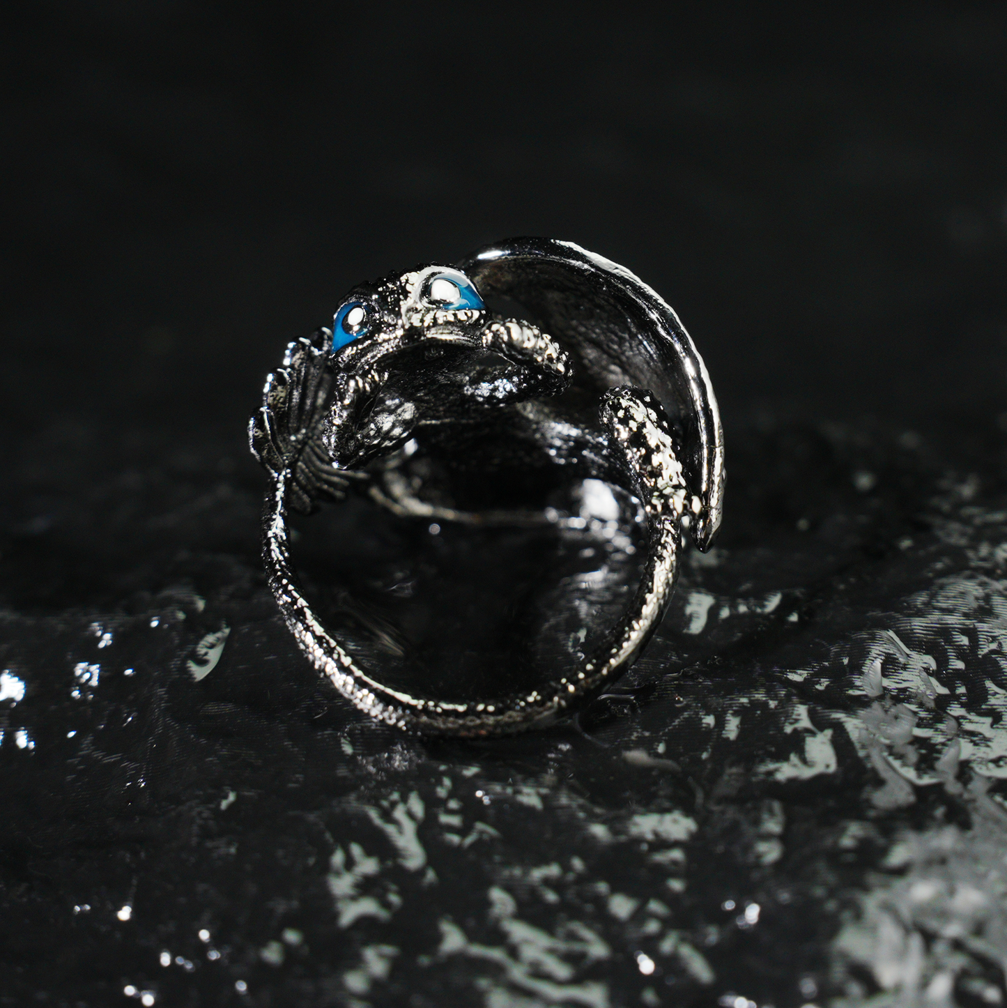 Fantasy Dragon Ring | Night Blue Eye Accent | Trendy Statement Jewelry | Protective Totem Gift for Couples