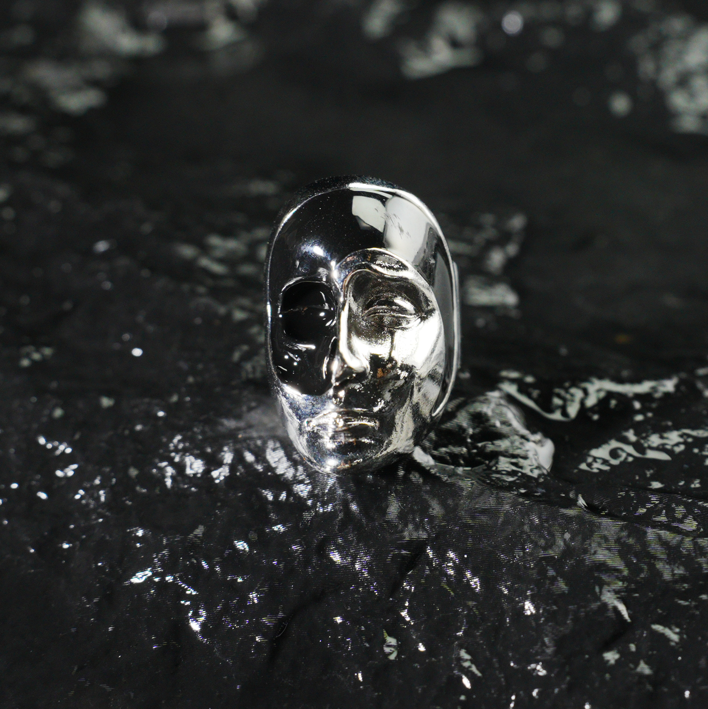 Half Mask Drama Ring | Emotional Face Sculpture Jewelry | Gothic Statement Ring